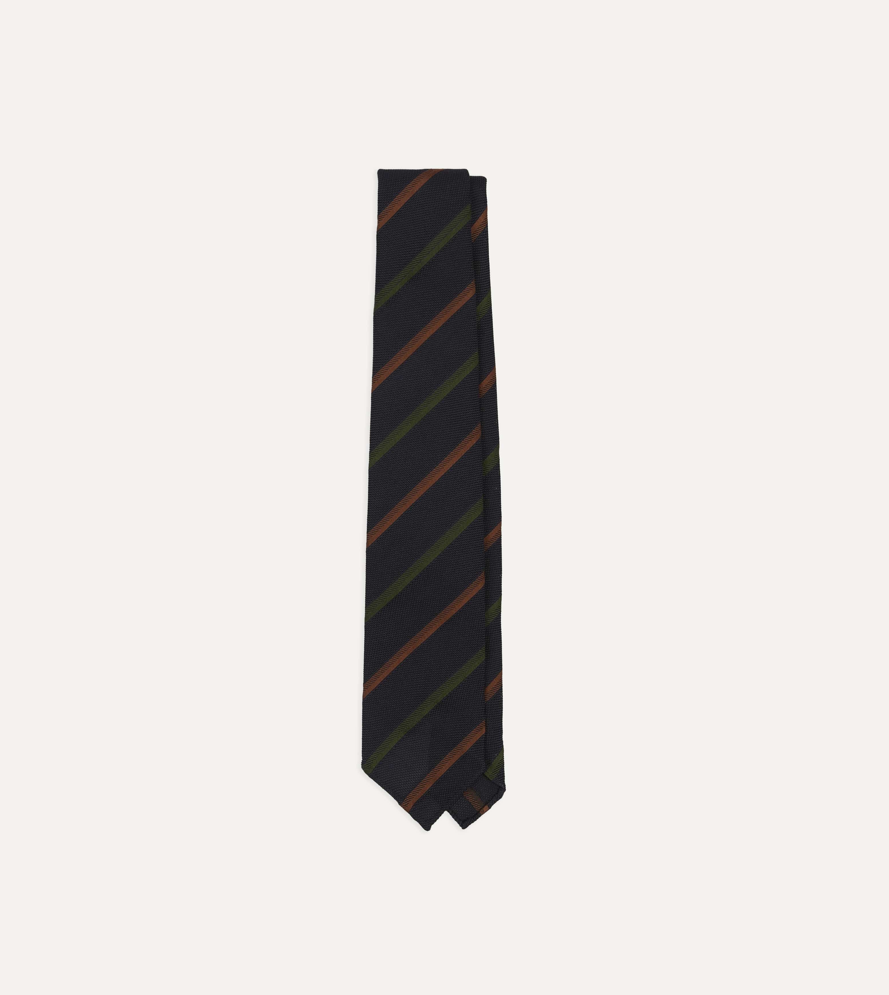 Navy, Green and Brown Multi Stripe Hand Rolled Silk Grenadine Tie