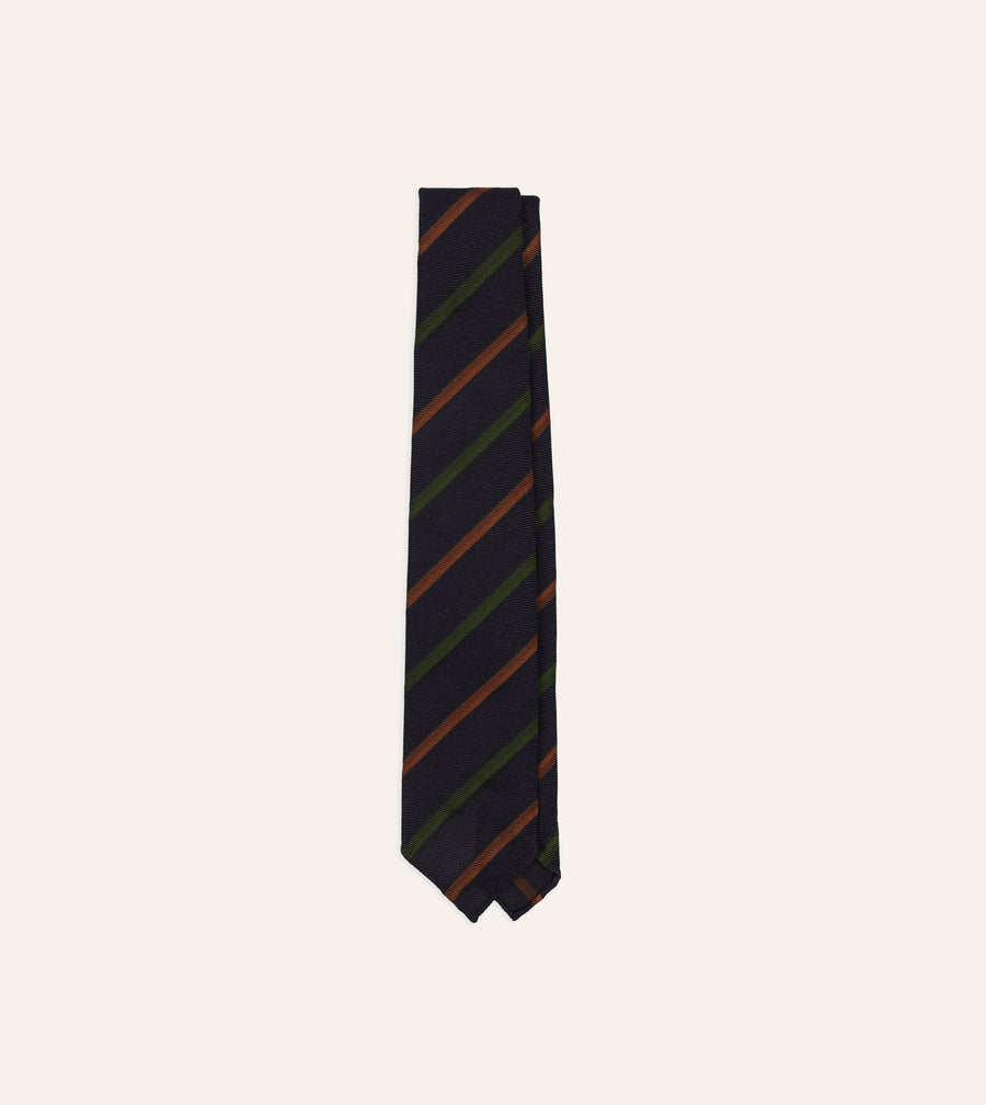 Navy, Green and Brown Multi Stripe Hand Rolled Silk Grenadine Tie