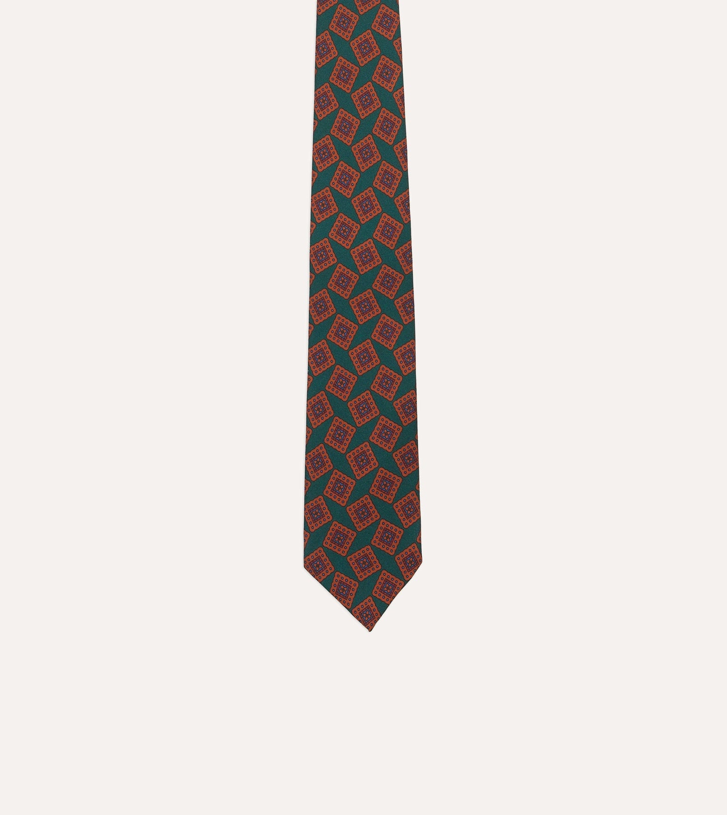 Green and Brown Jumbled Tile Print Silk Twill Self Tipped Tie