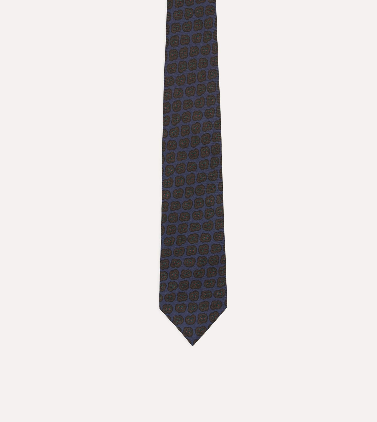 Navy and Brown Paisley Double Leaf Print Silk Tipped Tie