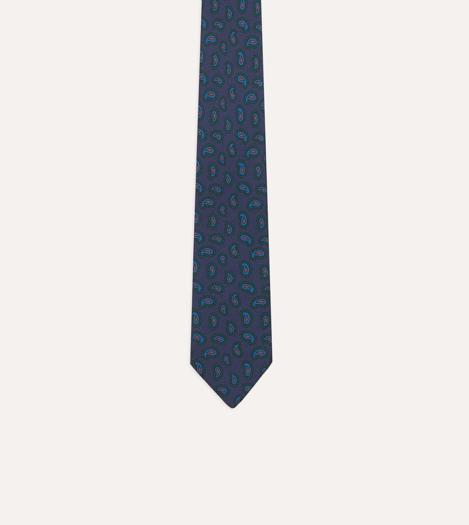 Navy and Green Paisley Leaf Print Silk Self-Tipped Tie