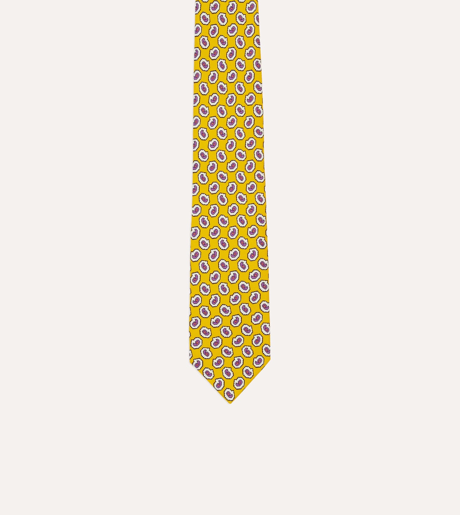 Yellow Small Paisley Leaf Print Silk Self Tipped Tie