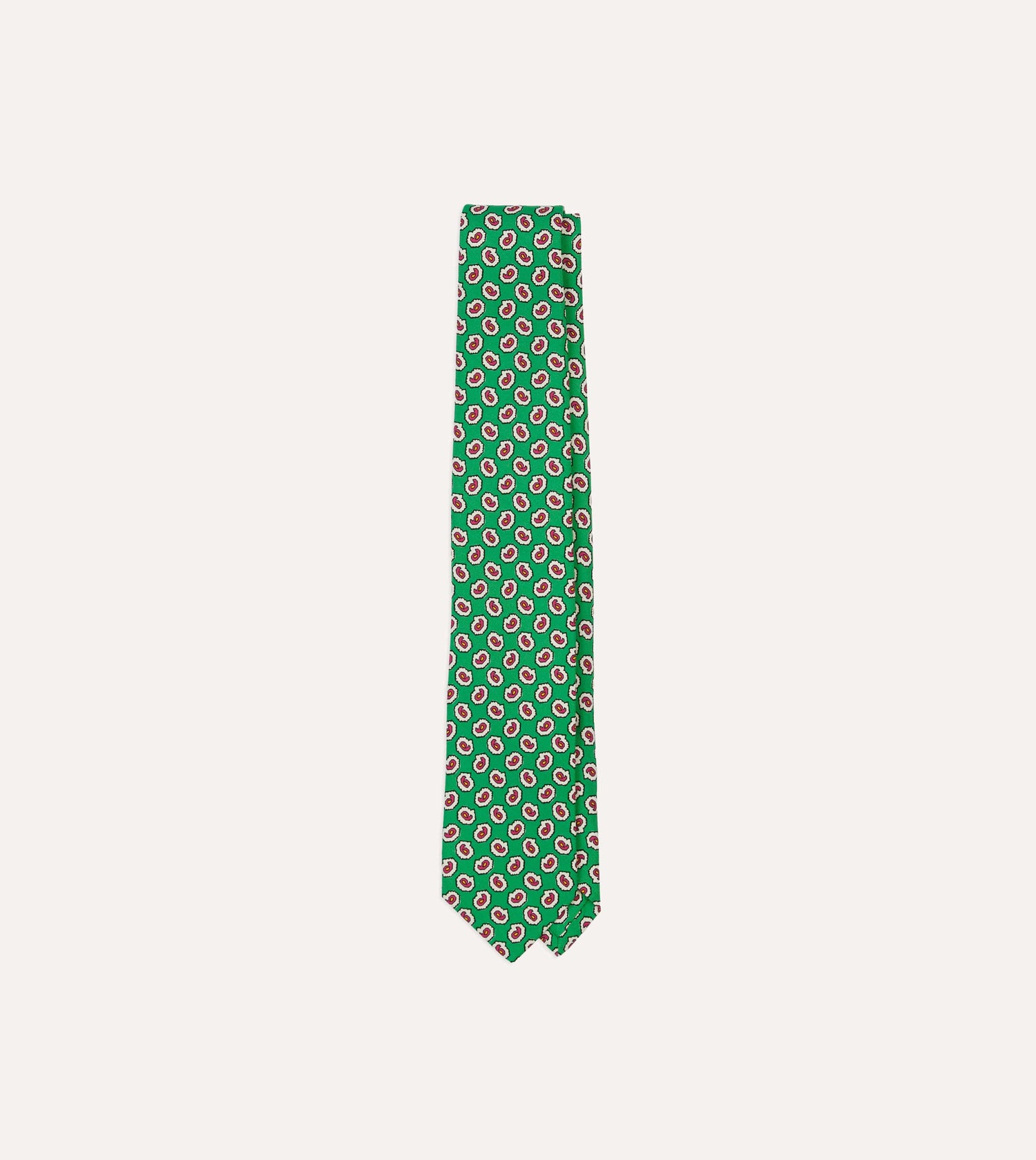 Green Small Paisley Leaf Print Silk Self Tipped Tie