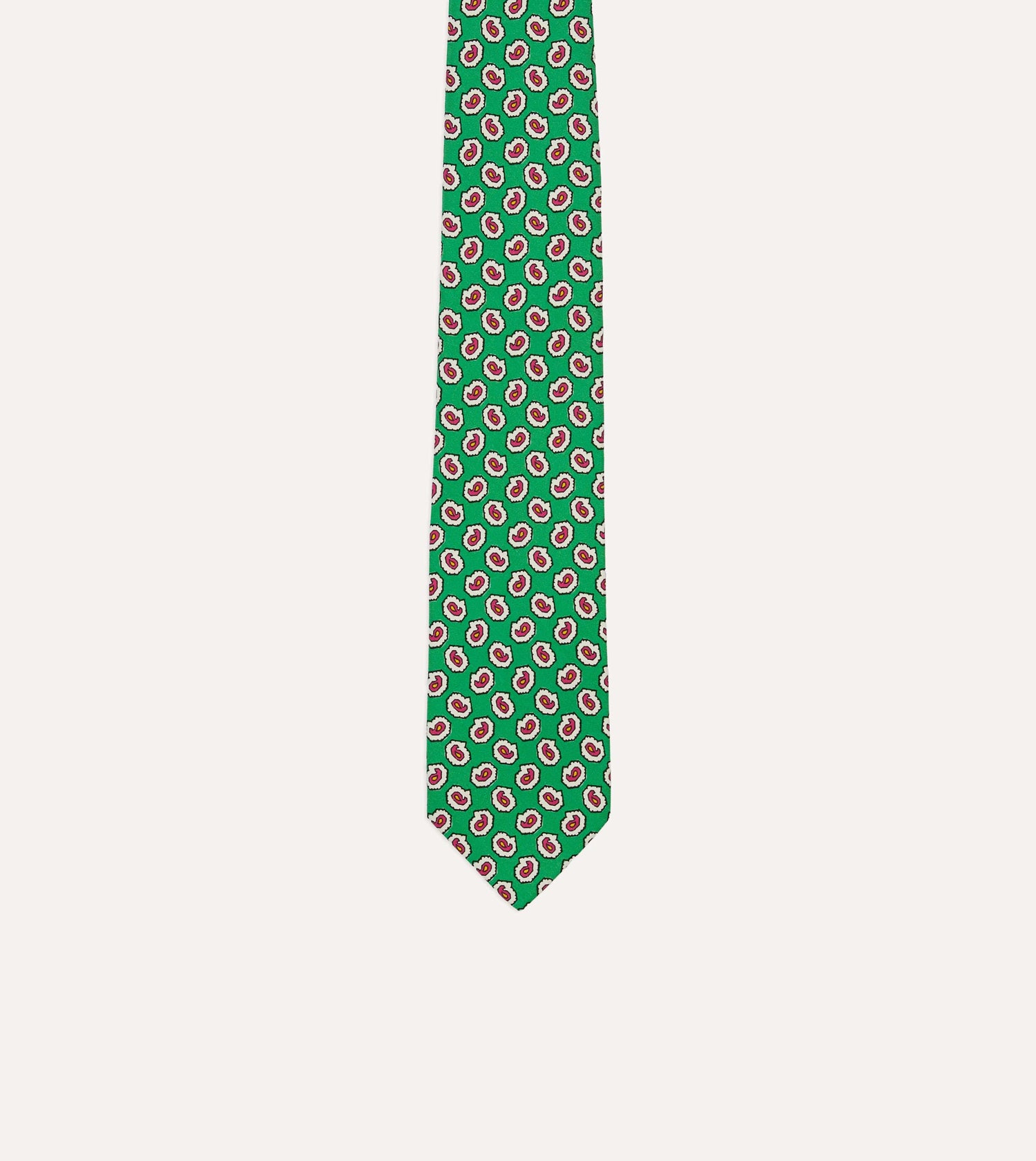 Green Small Paisley Leaf Print Silk Self Tipped Tie