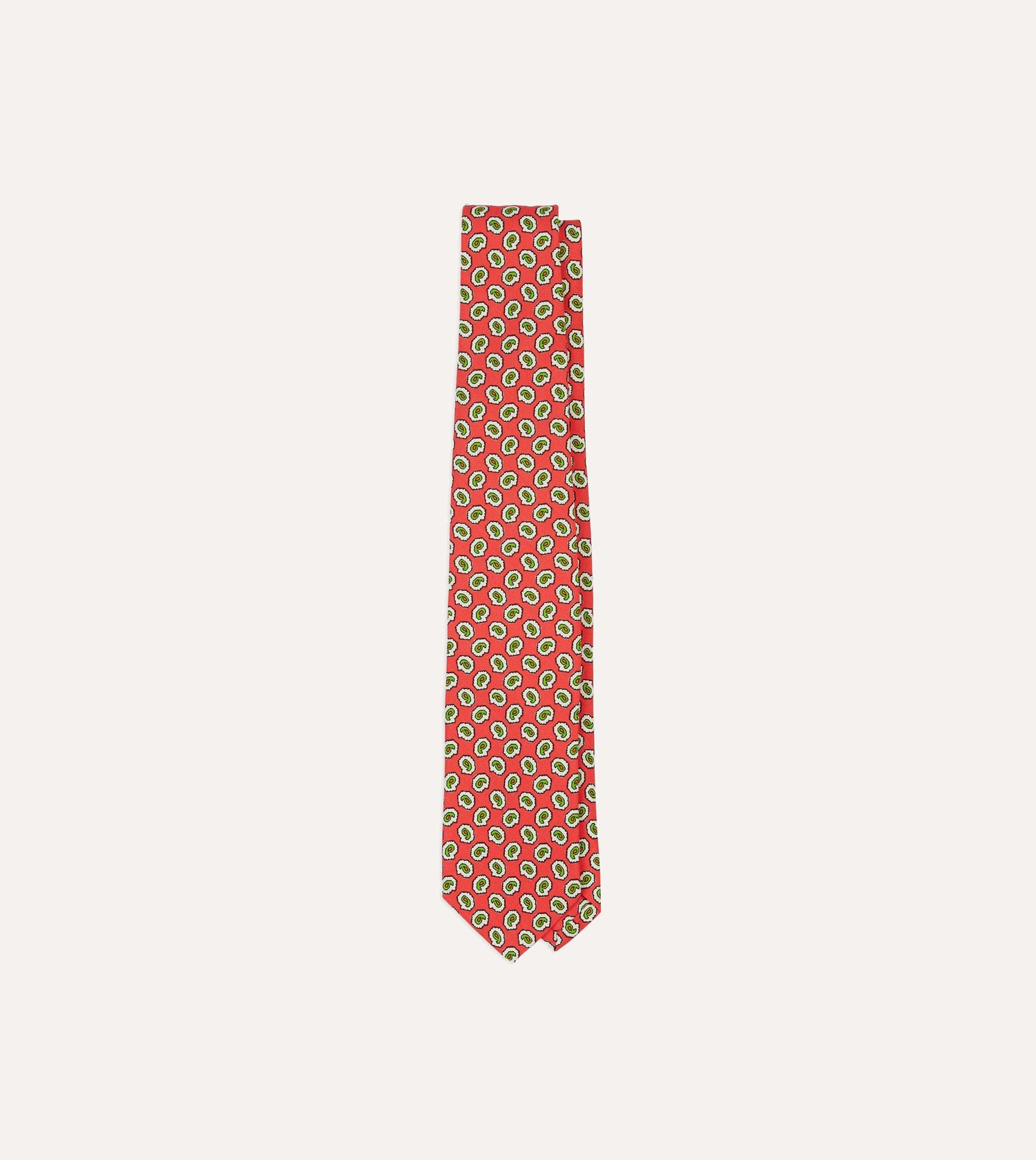 Coral Small Paisley Leaf Print Silk Self Tipped Tie