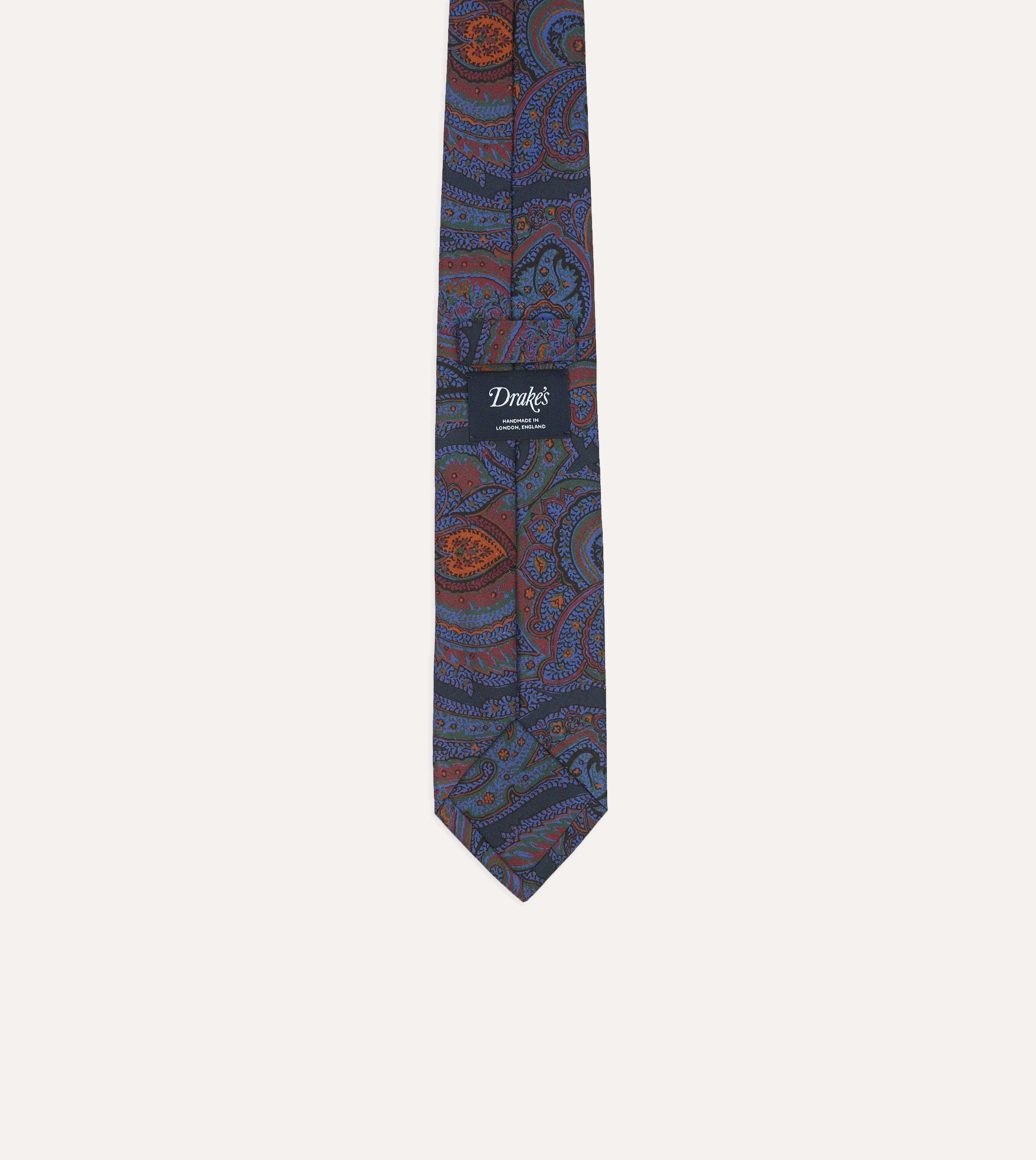 Navy Acanthus Print Silk Self Tipped Tie