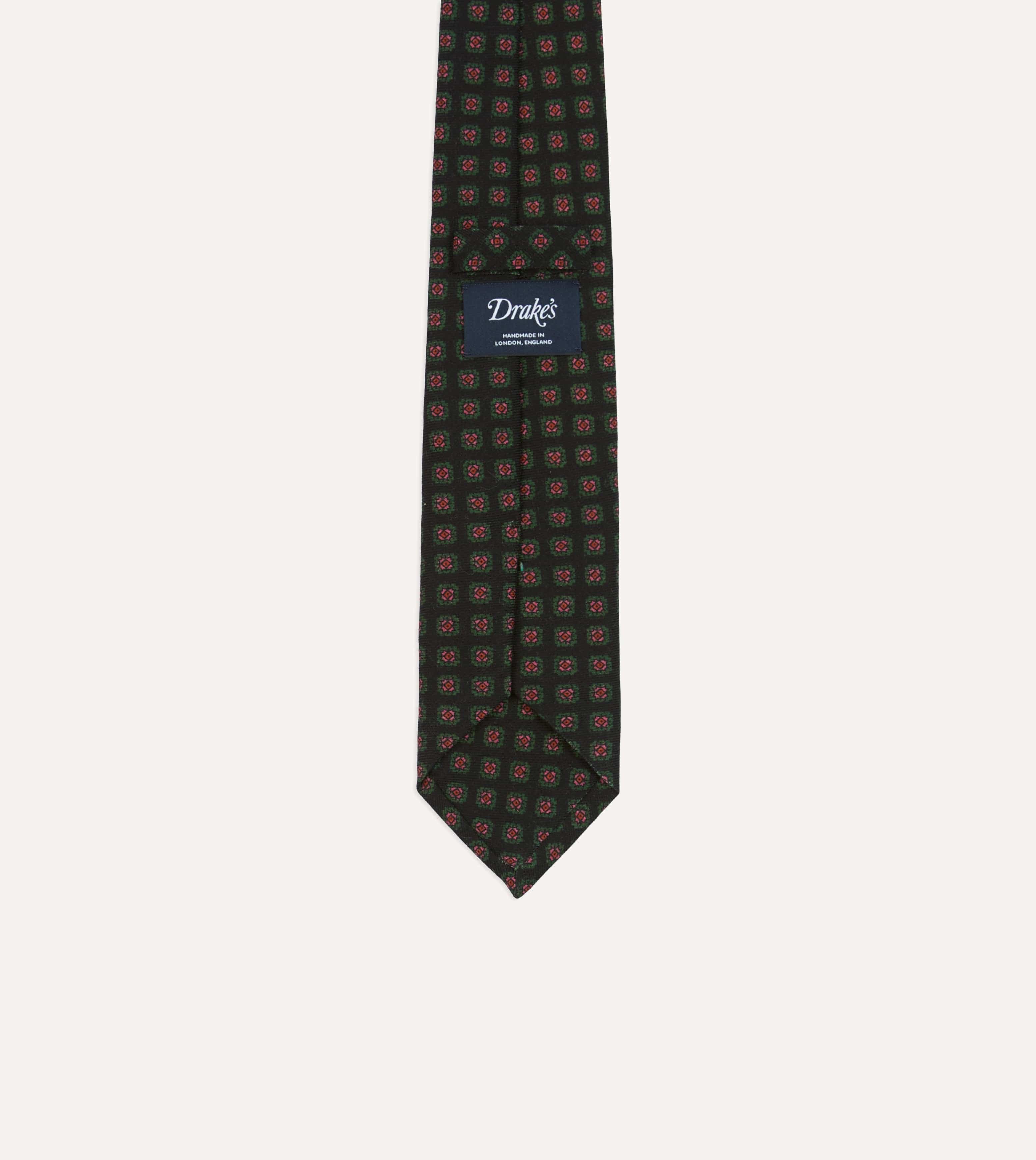 Black Green, and Red Diamond Print Check Self-Tipped Wool Tie