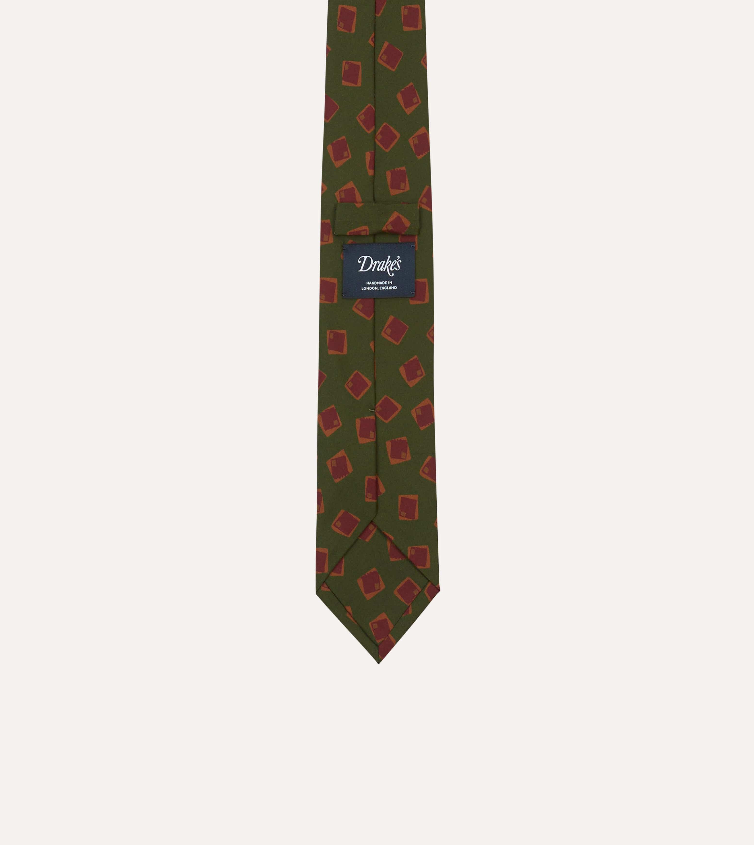 Green Jumbled Tile Print Silk Self Tipped Tie