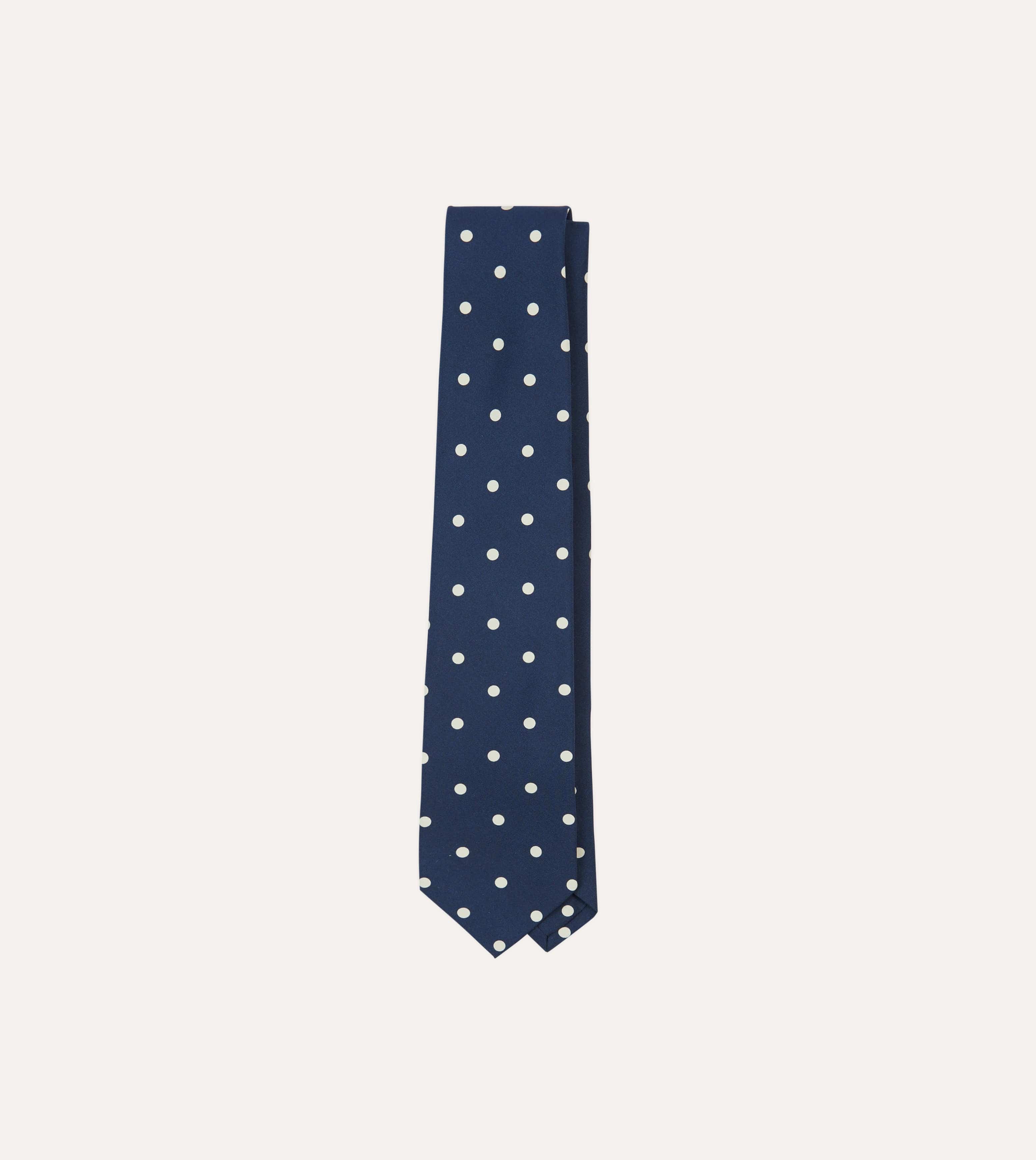 Navy Large Spot Silk Self-Tipped Tie