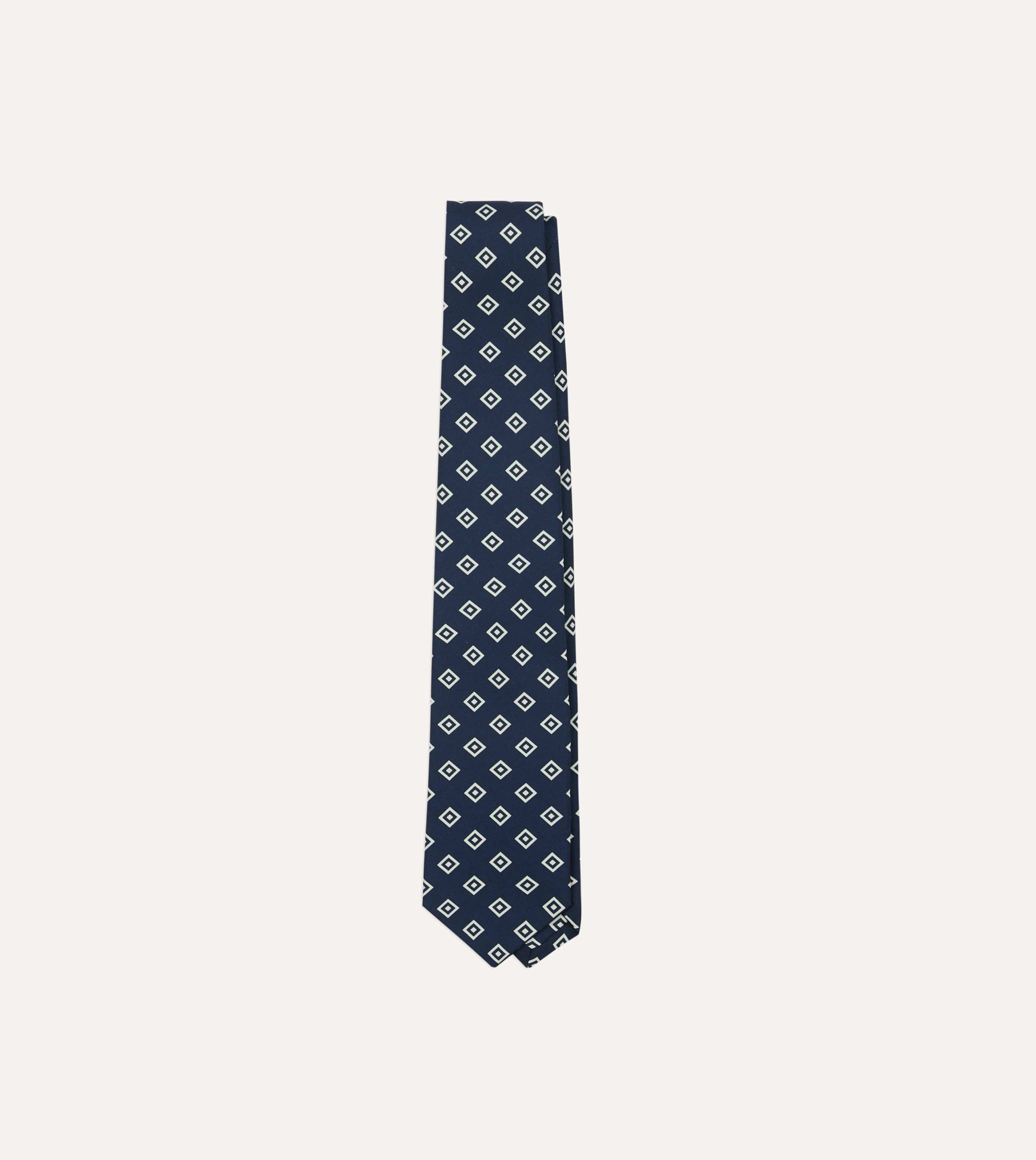 Navy Medallion Crepe de Chine Silk Self-Tipped Tie