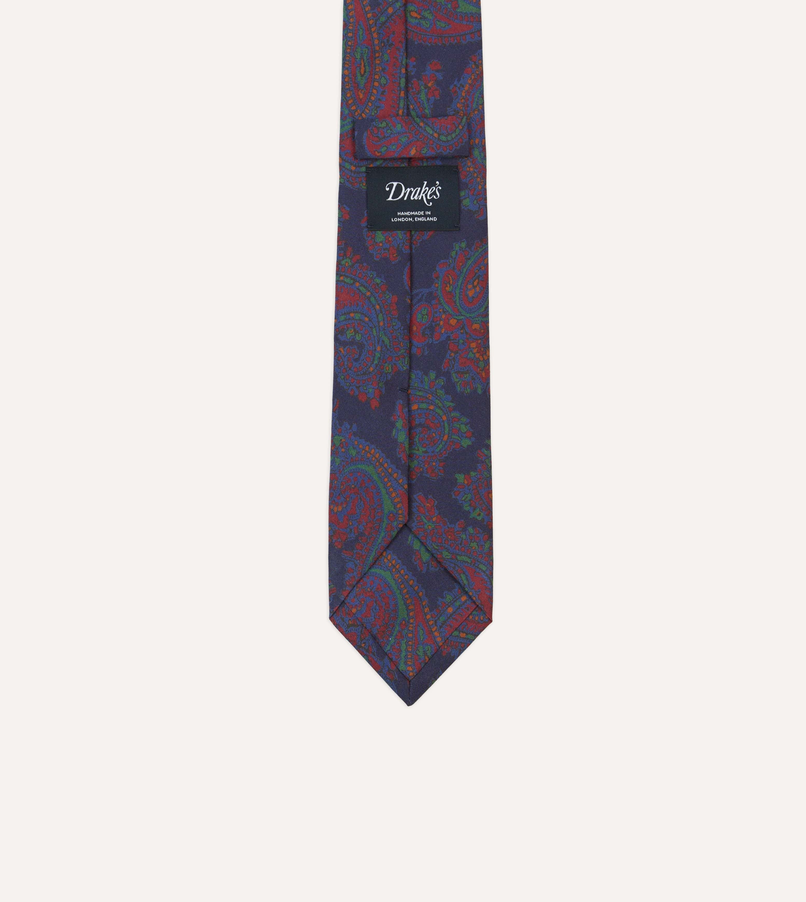Navy Paisley Print Madder Silk Self-Tipped Tie
