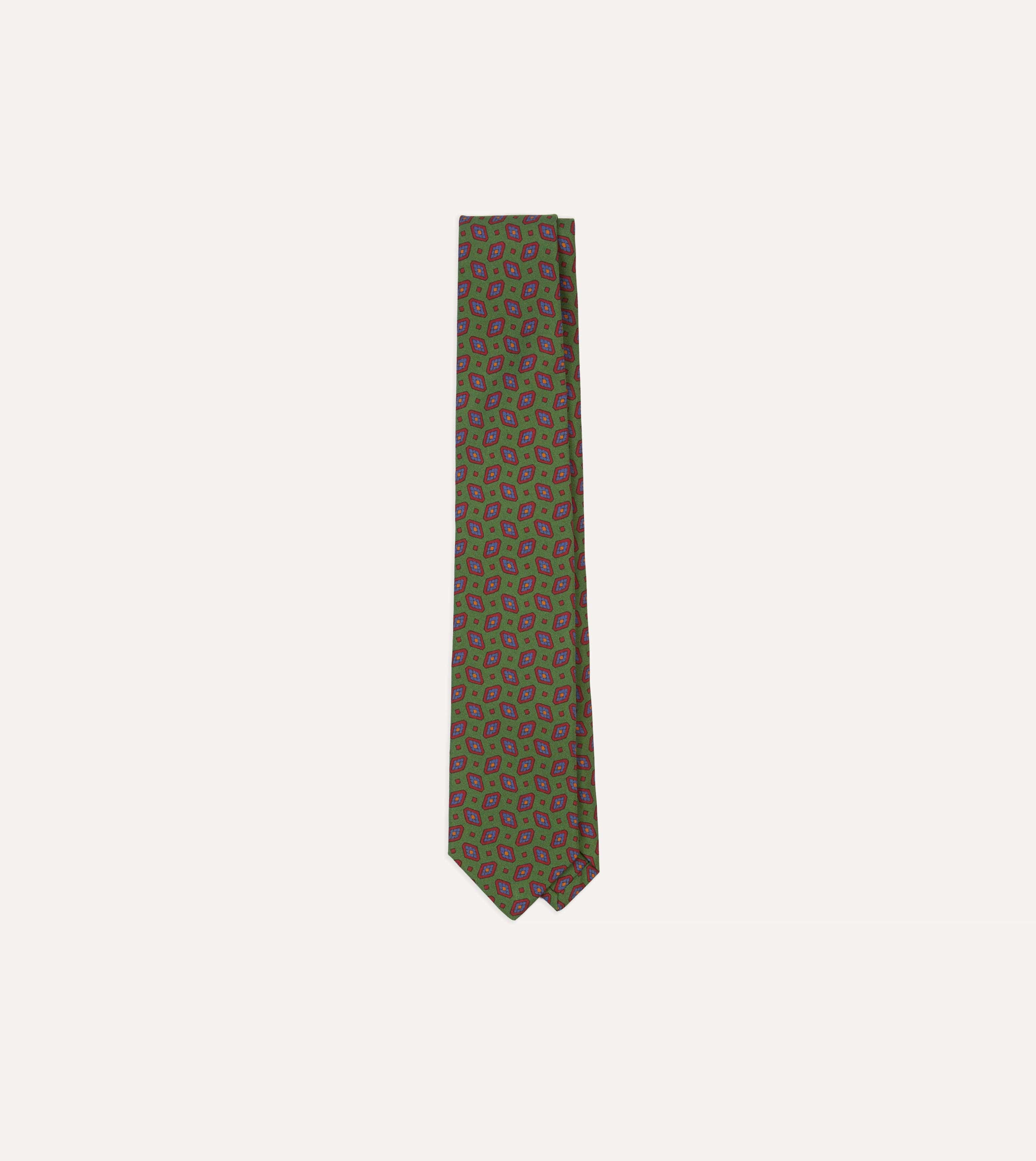 Green Medallion Print Madder Silk Self-Tipped Tie
