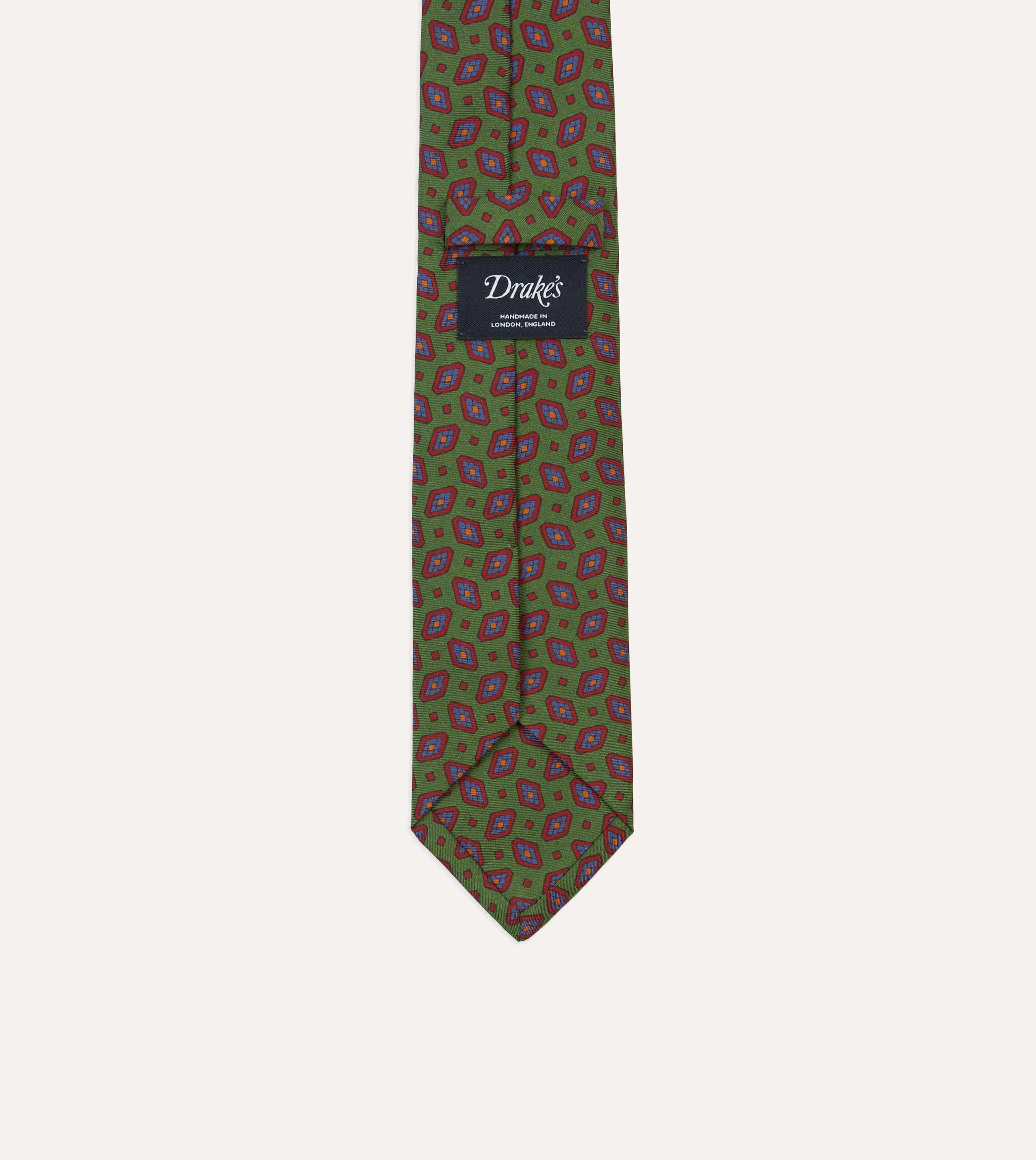 Green Medallion Print Madder Silk Self-Tipped Tie