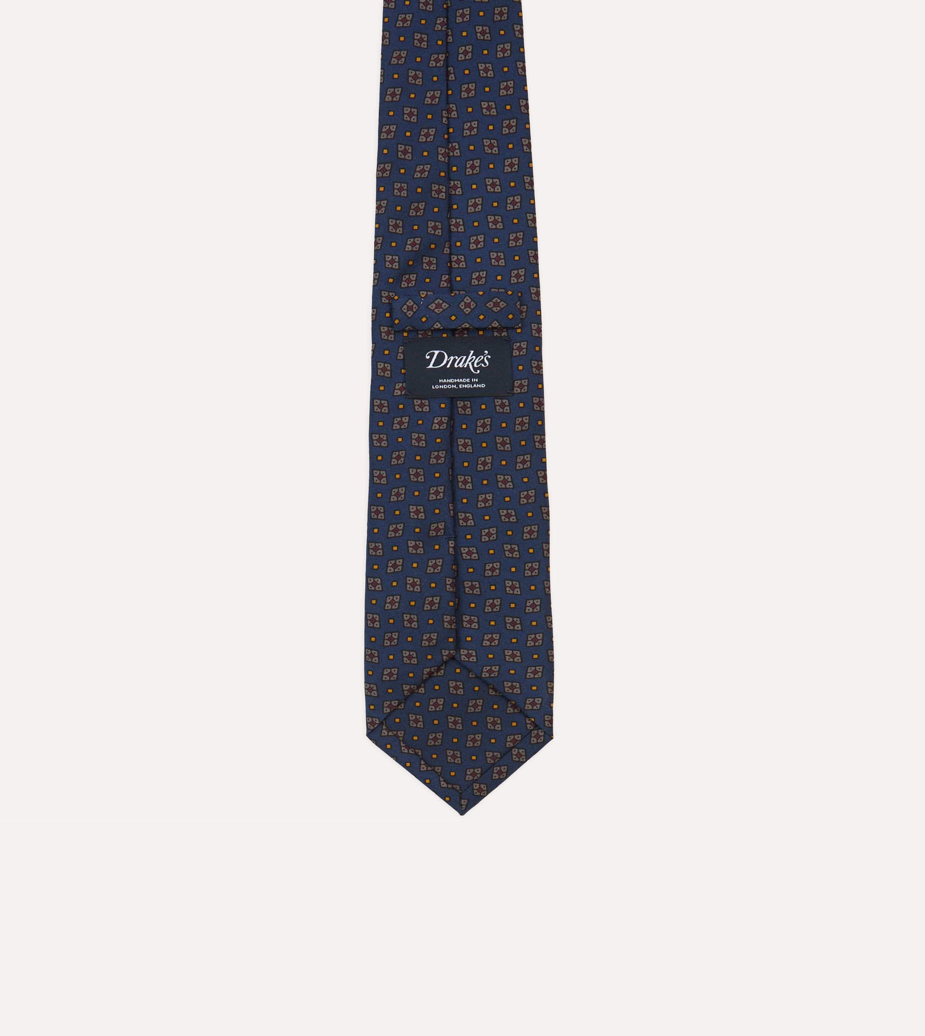Navy Medallion Print Silk Twill Self Tipped Tie