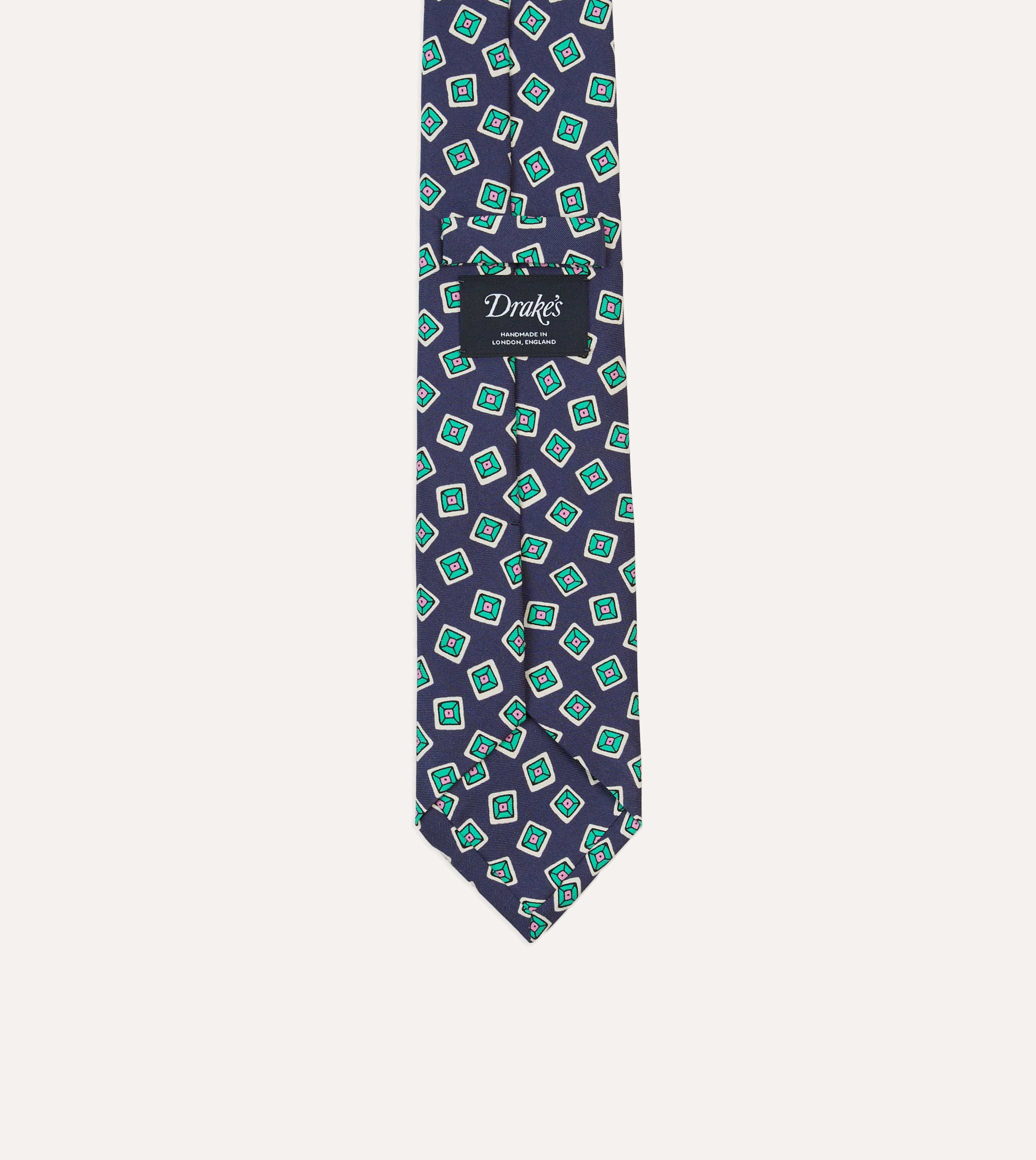Navy Jumbled Tile Print Silk Self Tipped Tie