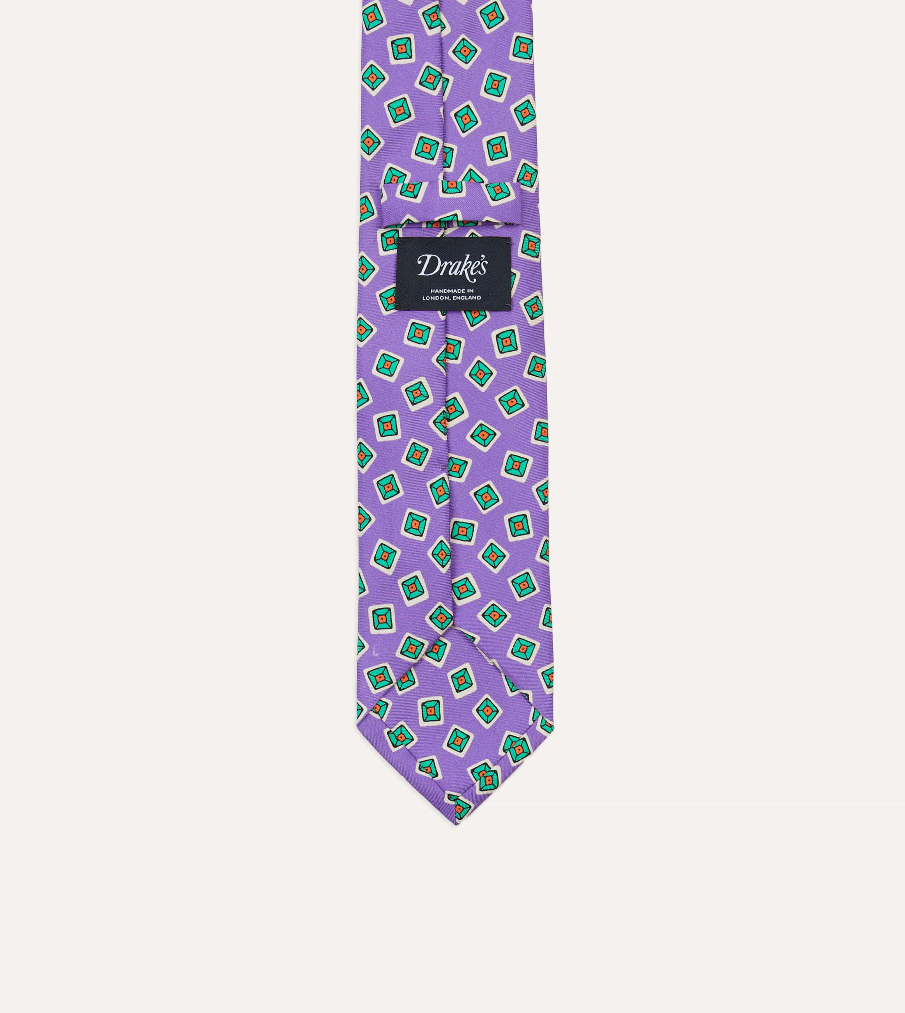 Purple Jumbled Tile Print Silk Self Tipped Tie