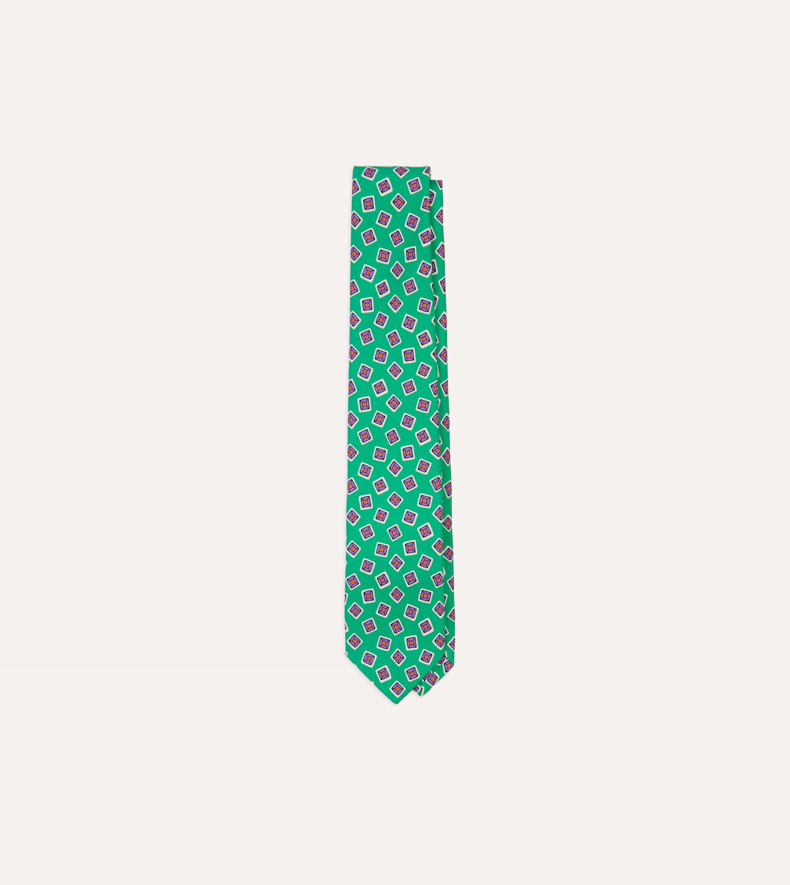 Green Jumbled Tile Print Silk Self Tipped Tie