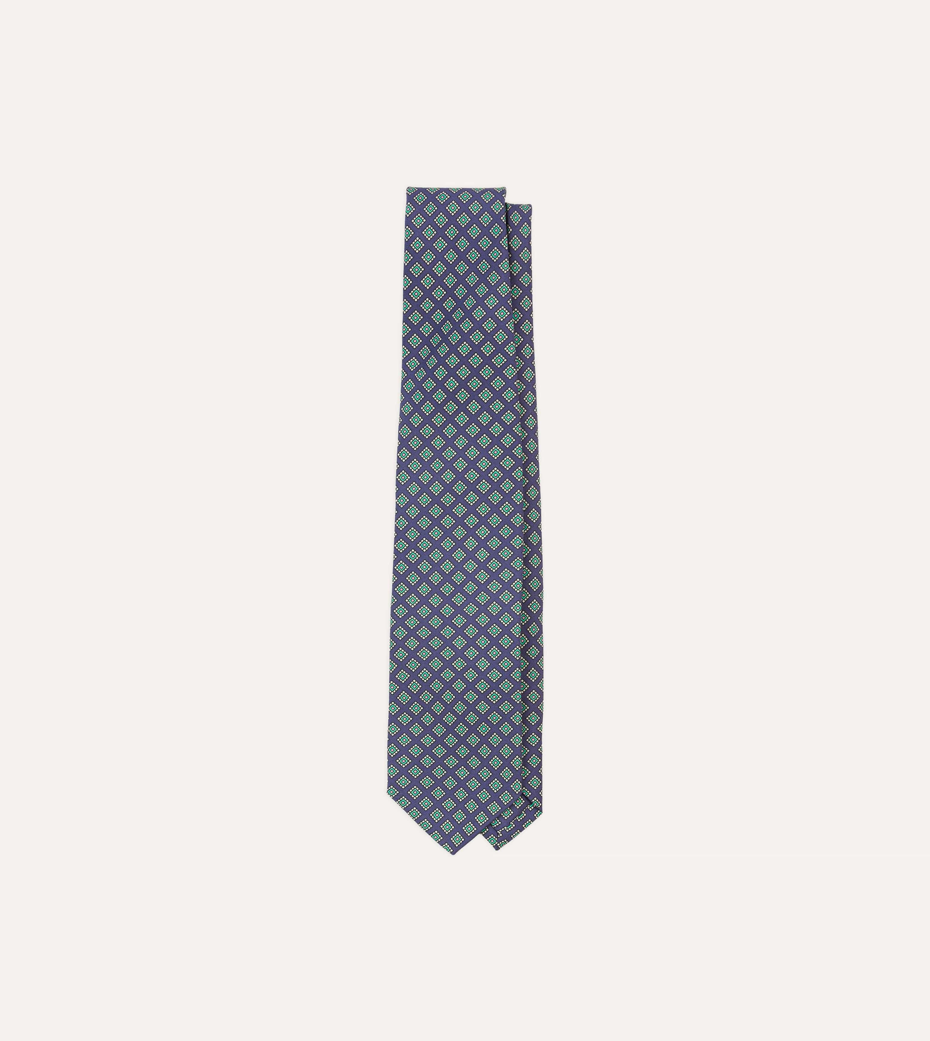 Navy Square Medallion Self-Tipped Silk Tie