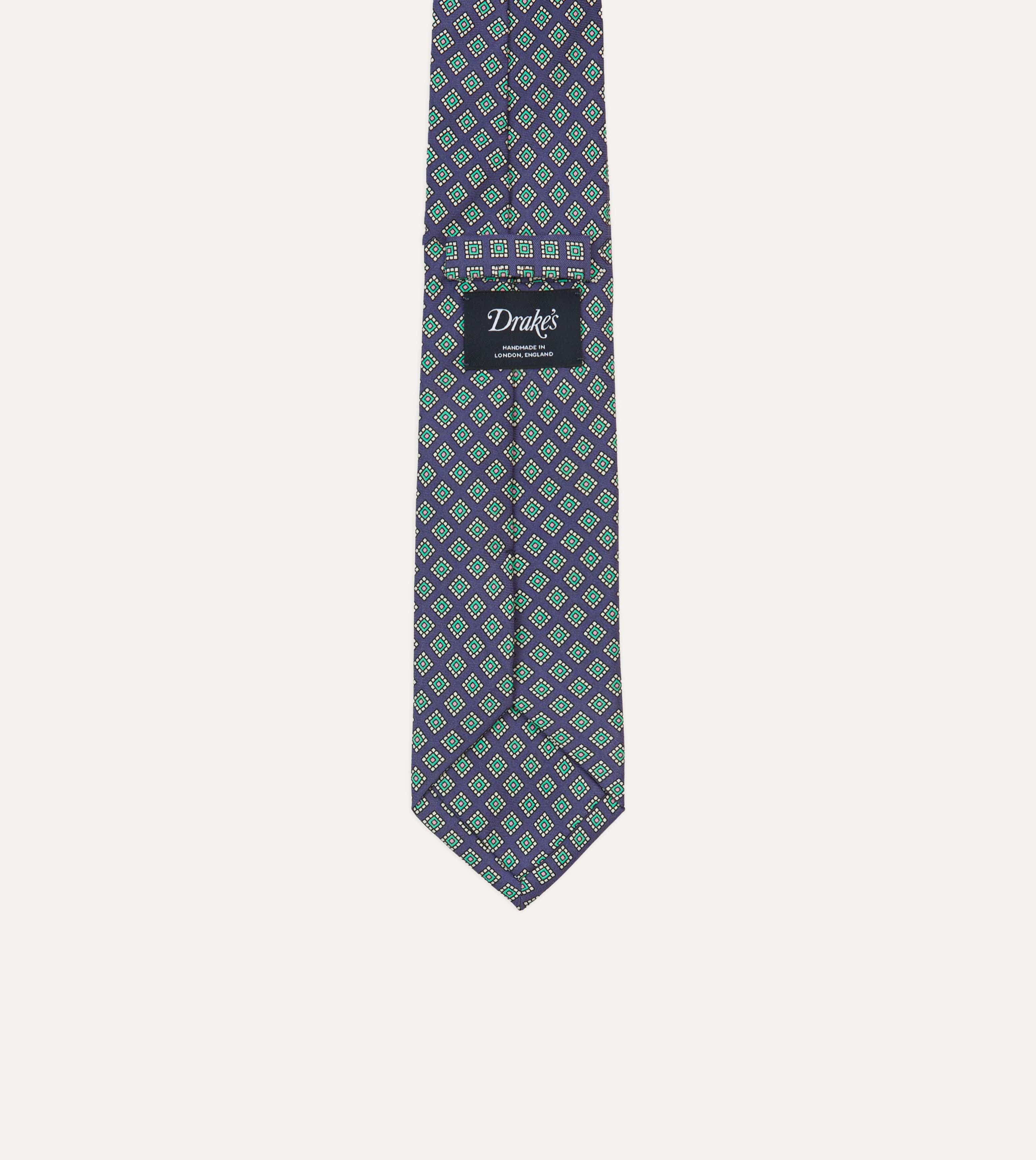 Navy Square Medallion Self-Tipped Silk Tie