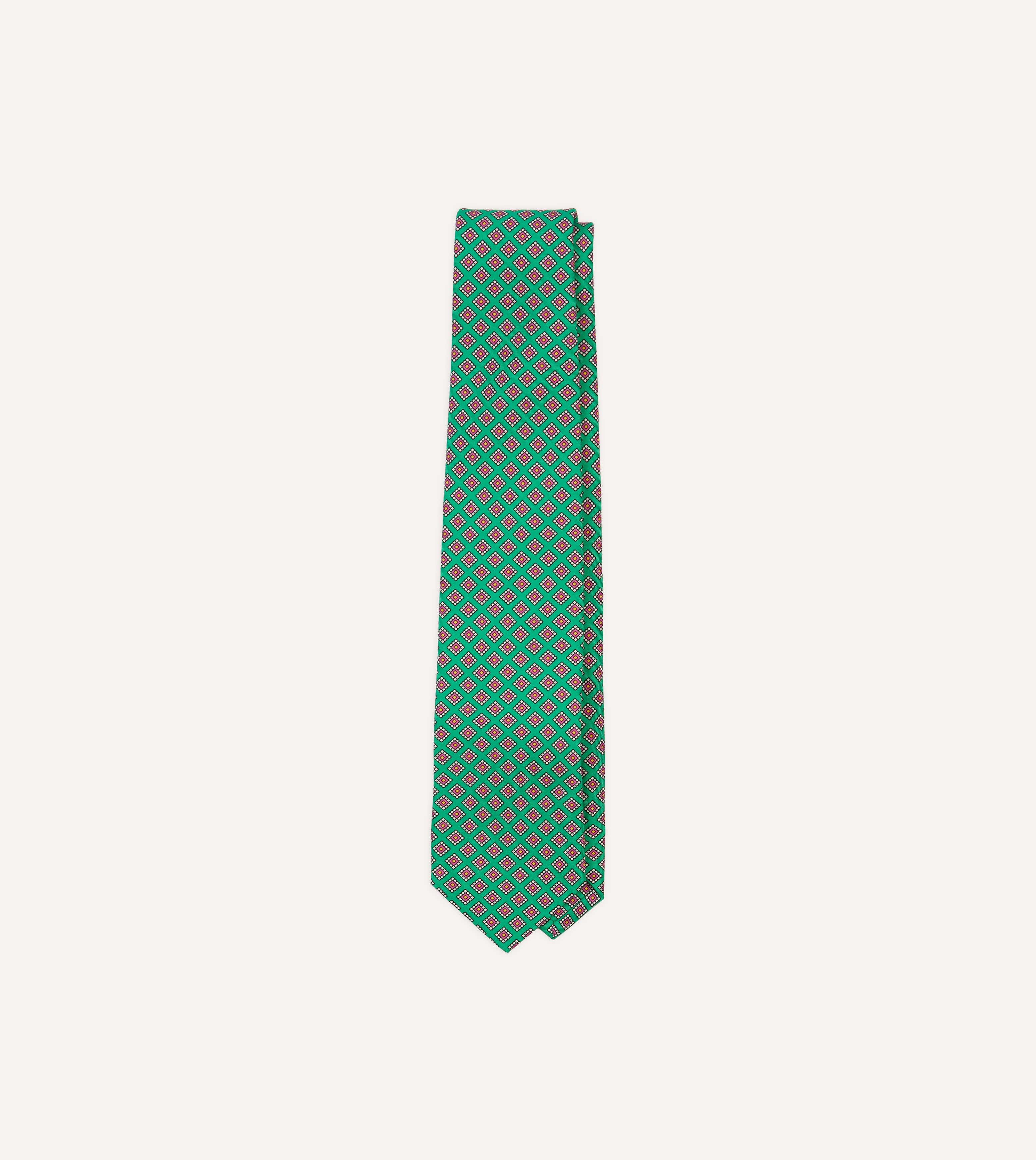 Green Square Medallion Self-Tipped Silk Tie