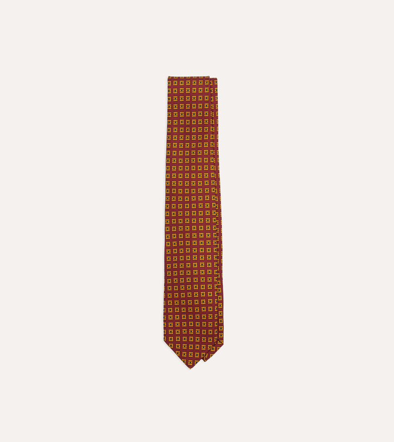 Red and Yellow Tile Print Silk Self-Tipped Tie