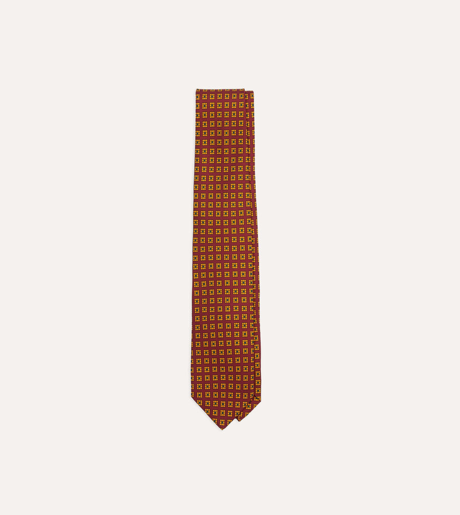 Red and Yellow Tile Print Silk Self-Tipped Tie