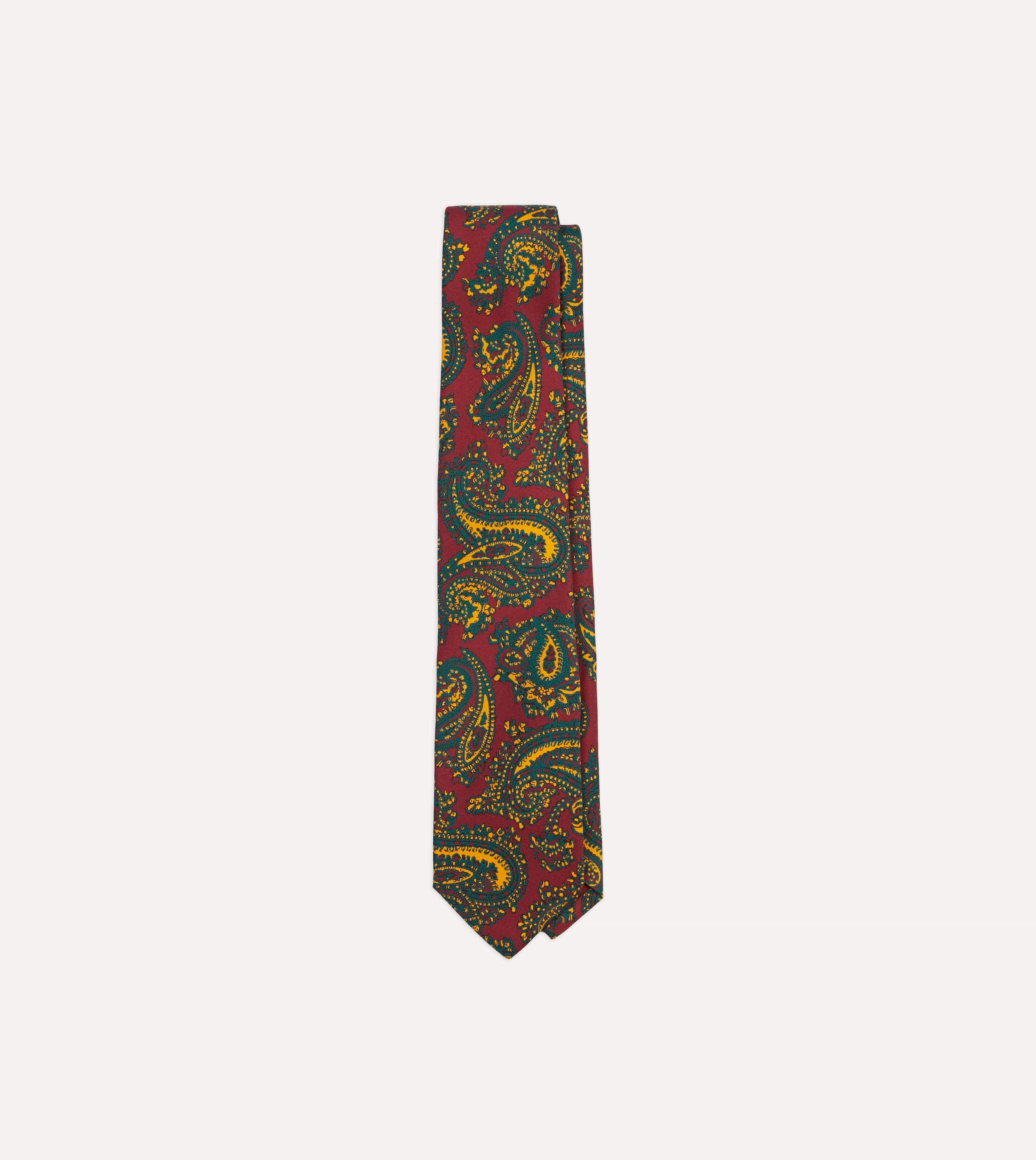 Red and Green Ornate Paisley Print Silk Self Tipped Tie