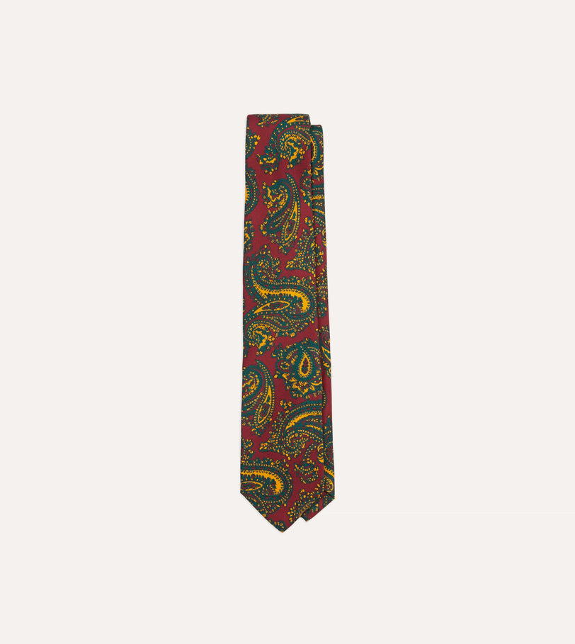 Red and Green Ornate Paisley Print Silk Self Tipped Tie