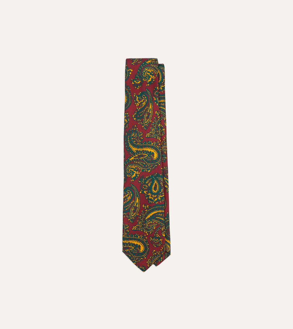 Red and Green Ornate Paisley Print Silk Self Tipped Tie