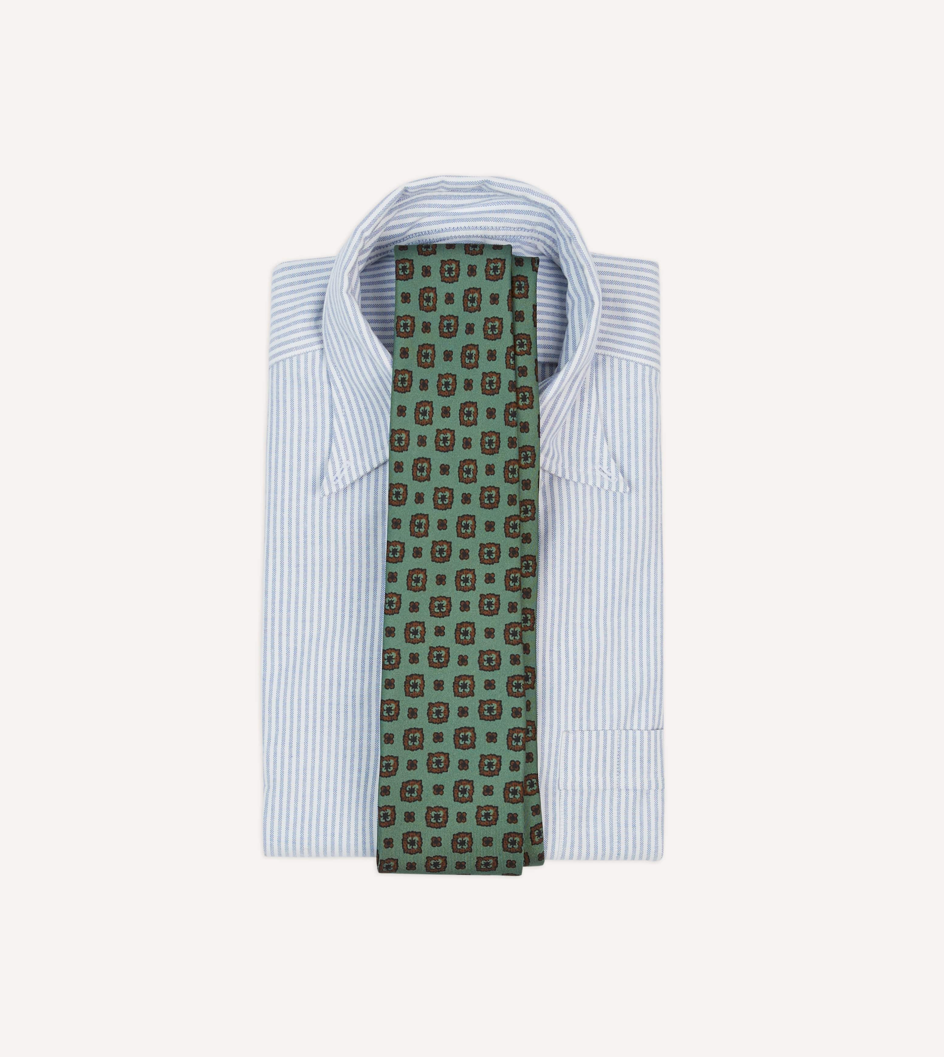 Drake's イギリス製 花柄 ネクタイ グリーン Green Flower Medallion Print Silk Self Tipped Tie – Drakes