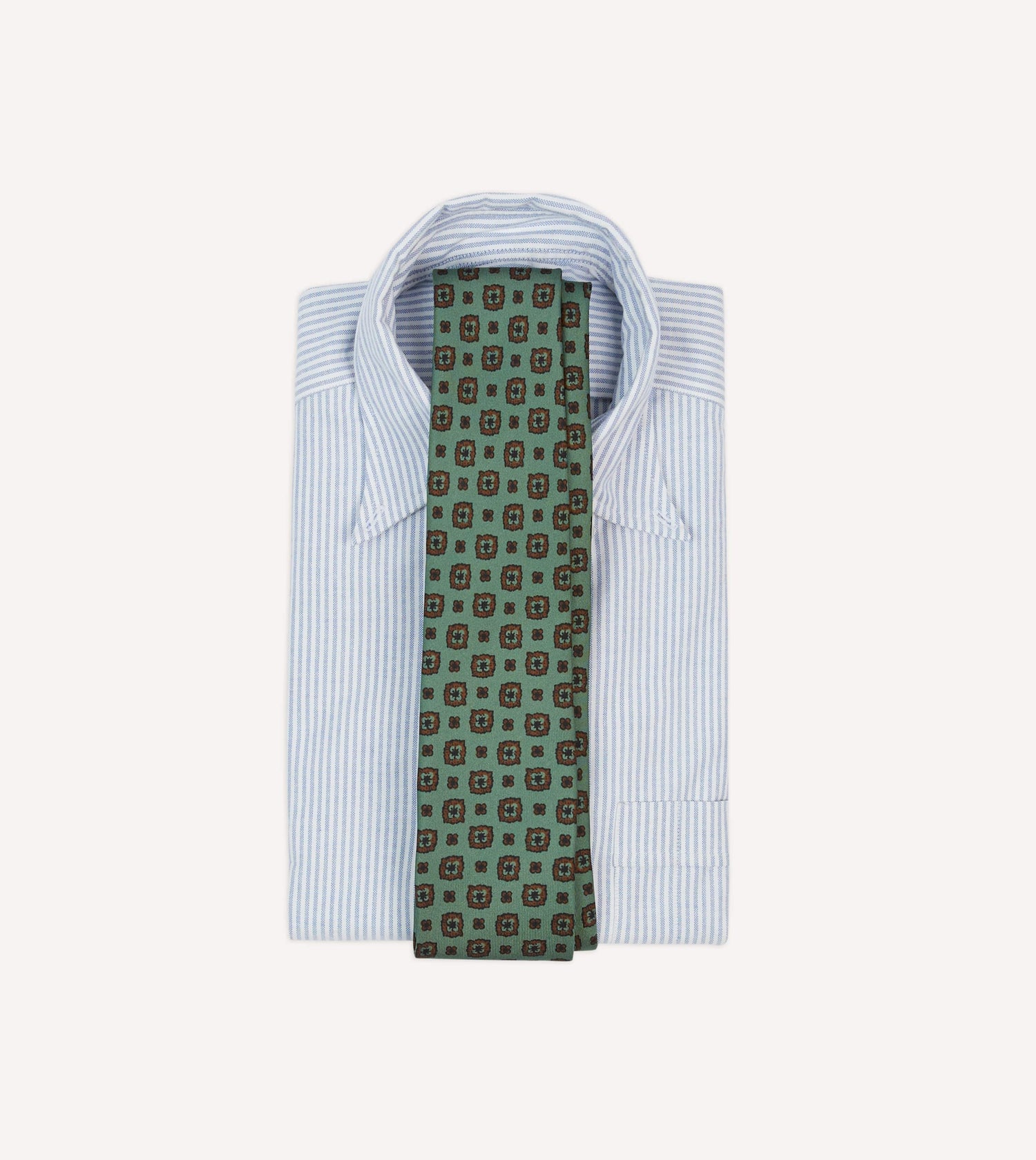 Green Flower Medallion Print Silk Self Tipped Tie