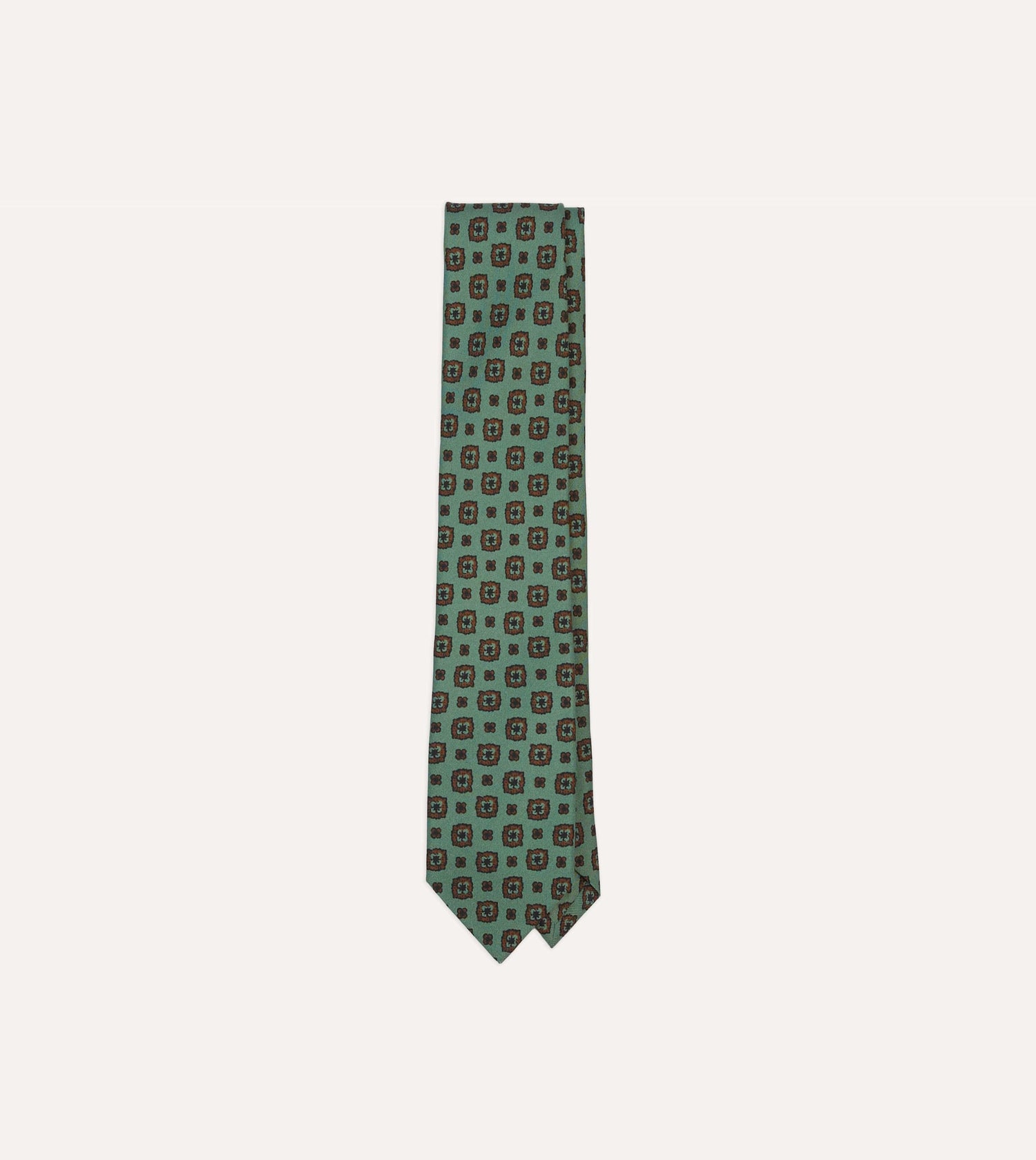 Green Flower Medallion Print Silk Self Tipped Tie