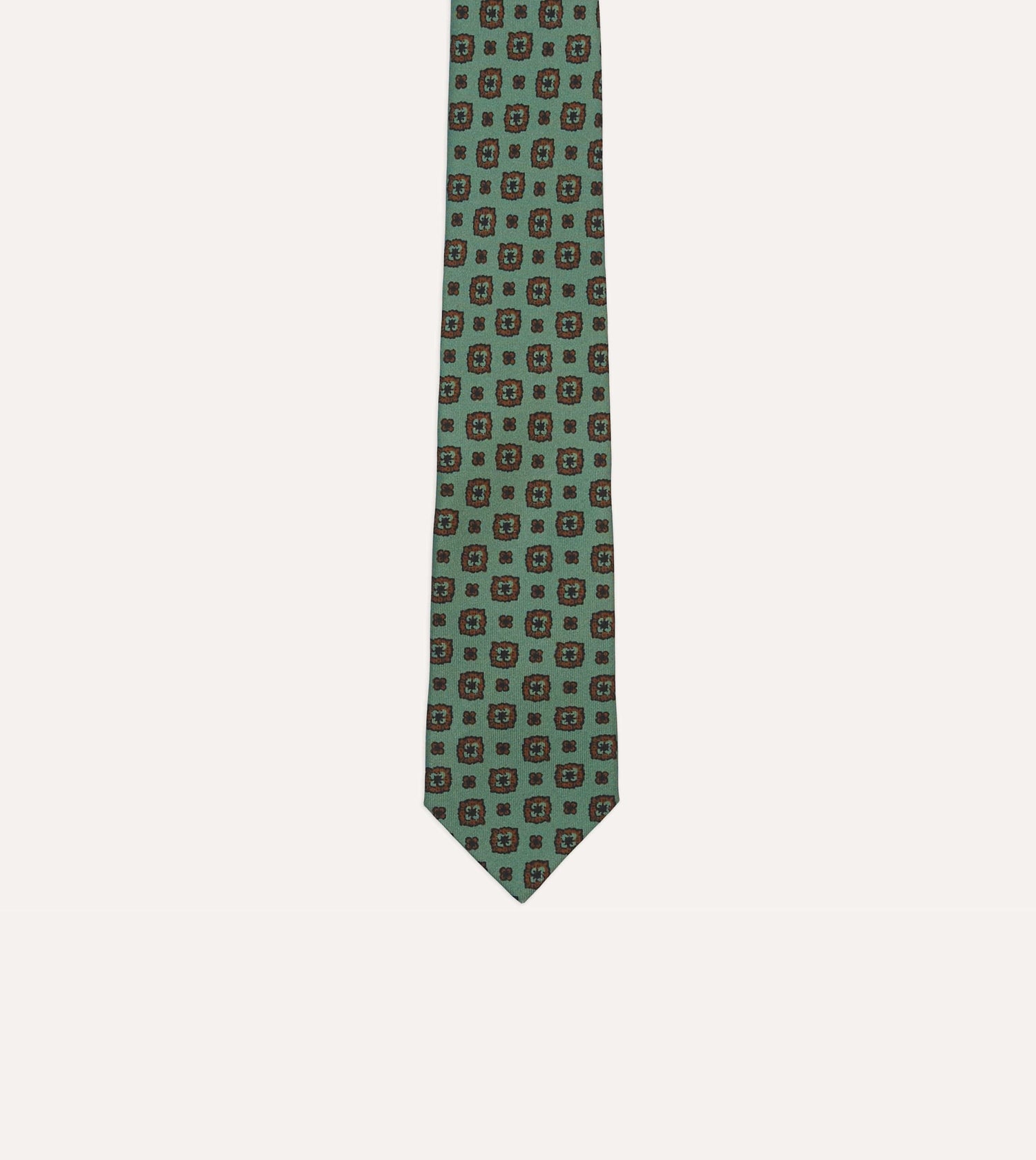 Green Flower Medallion Print Silk Self Tipped Tie