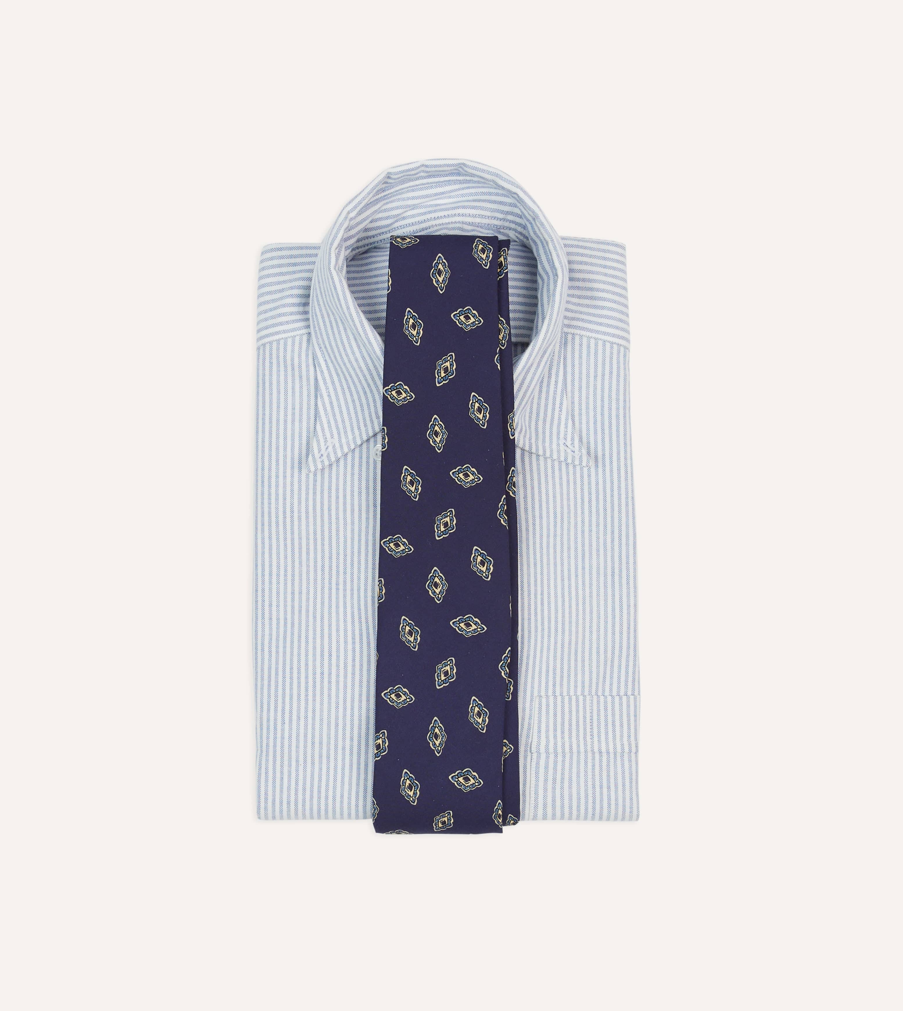 Navy Diamond Flower Print Silk Self-Tipped Tie – Drakes