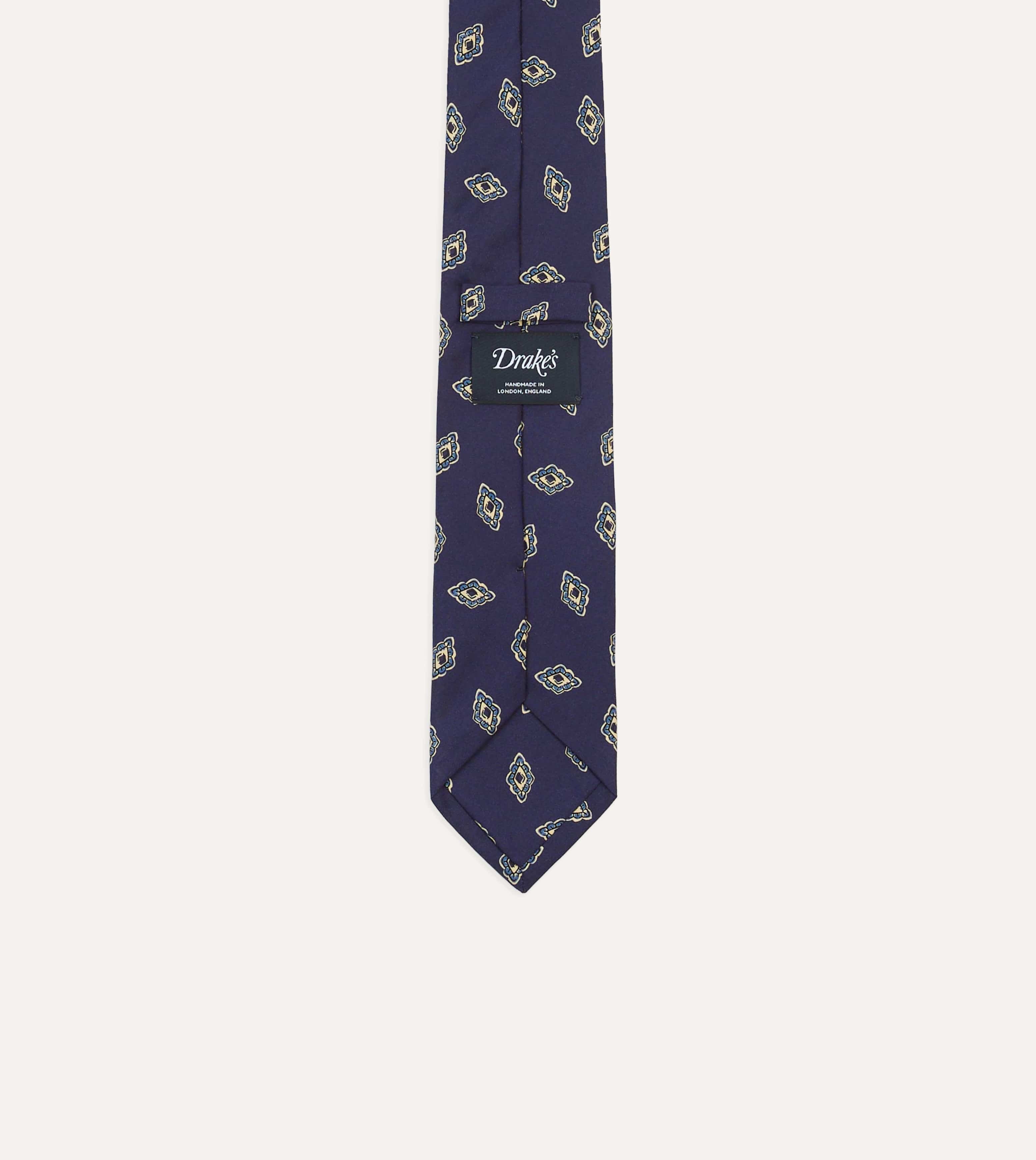 Navy Diamond Flower Print Silk Self-Tipped Tie