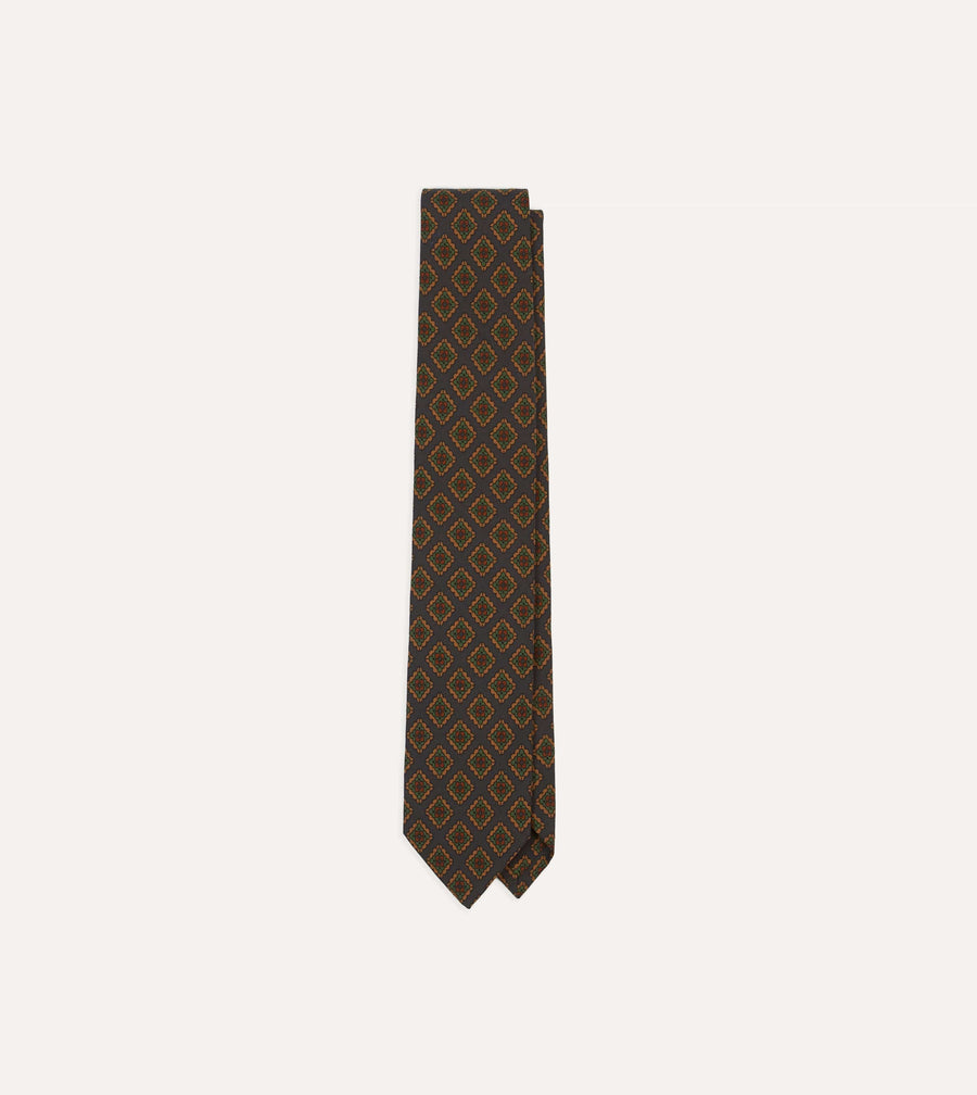 Navy Square Flower Medallion Print Wool-Silk Self Tipped Tie