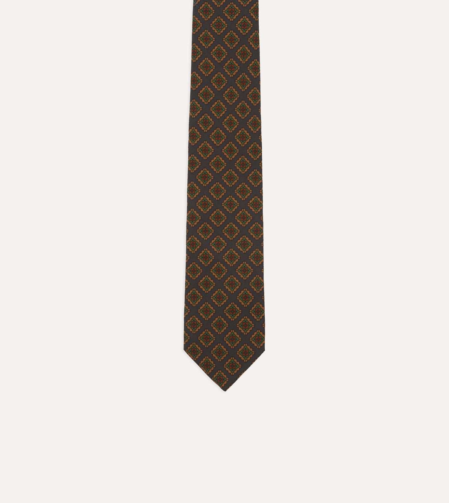 Navy Square Flower Medallion Print Wool-Silk Self Tipped Tie