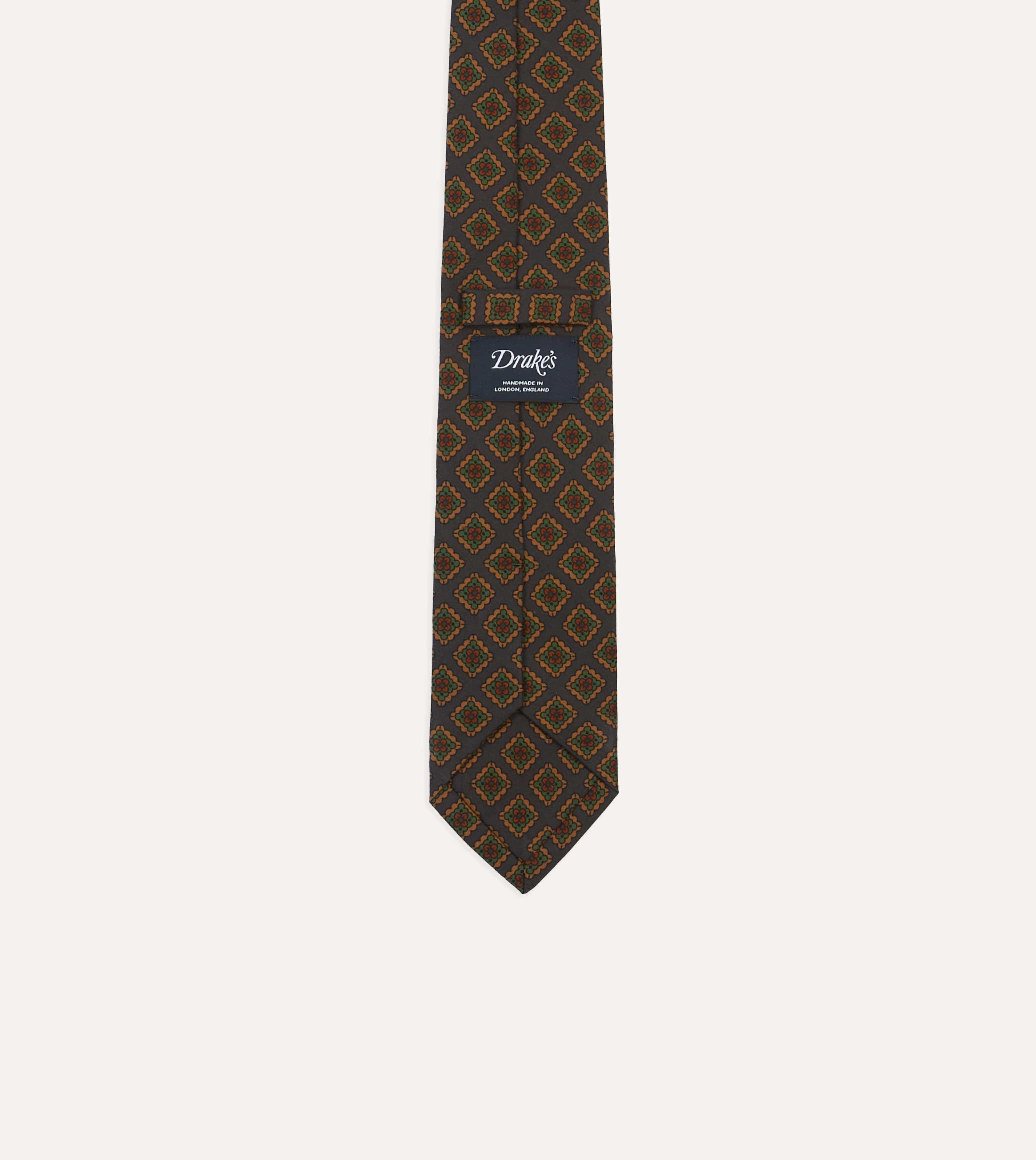 Navy Square Flower Medallion Print Wool-Silk Self Tipped Tie
