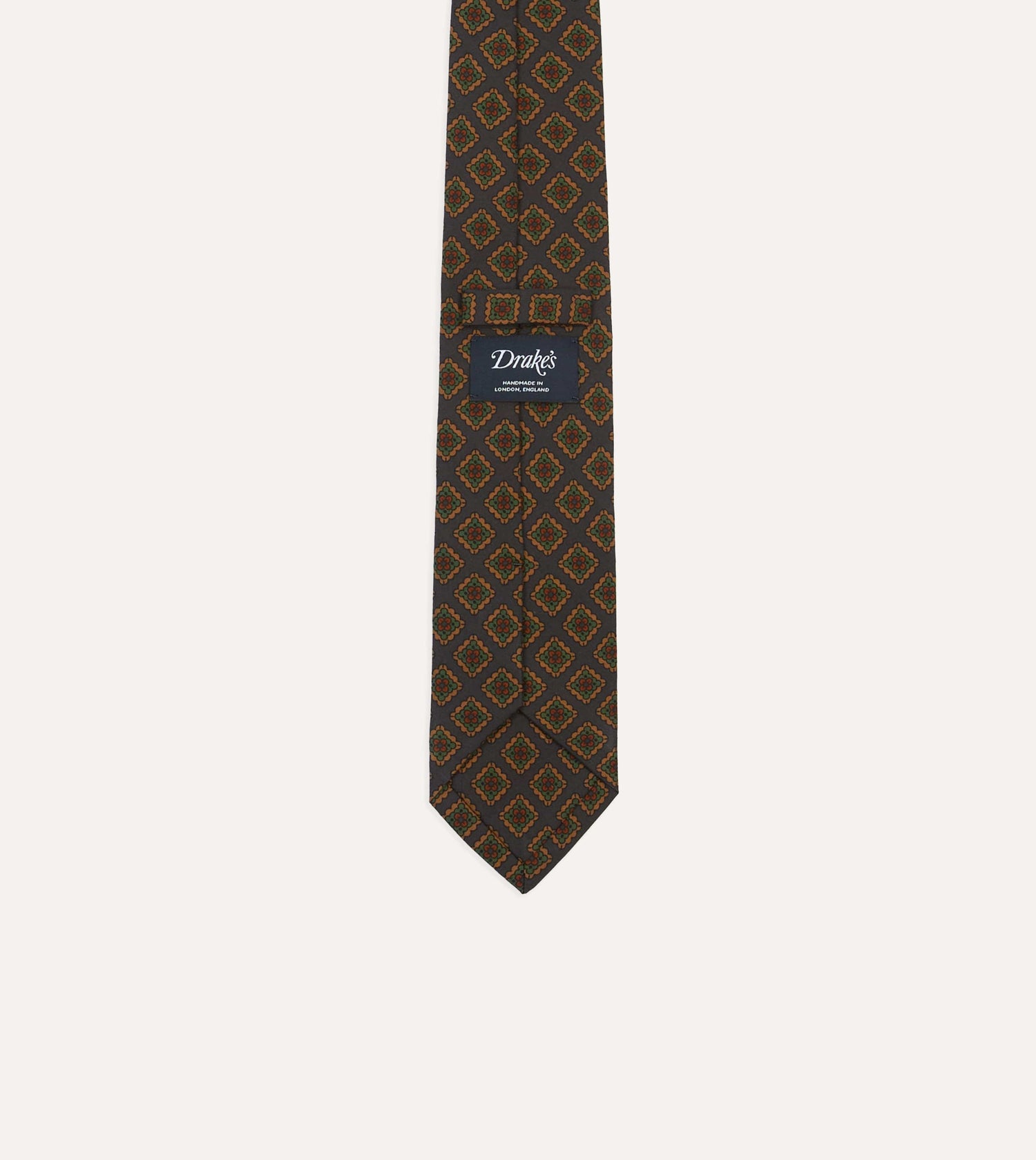 Navy Square Flower Medallion Print Wool-Silk Self Tipped Tie