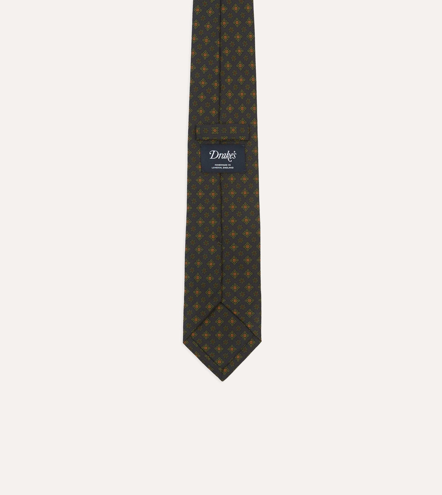 Navy Square Floral Medallion Print Wool-Silk Self Tipped Tie