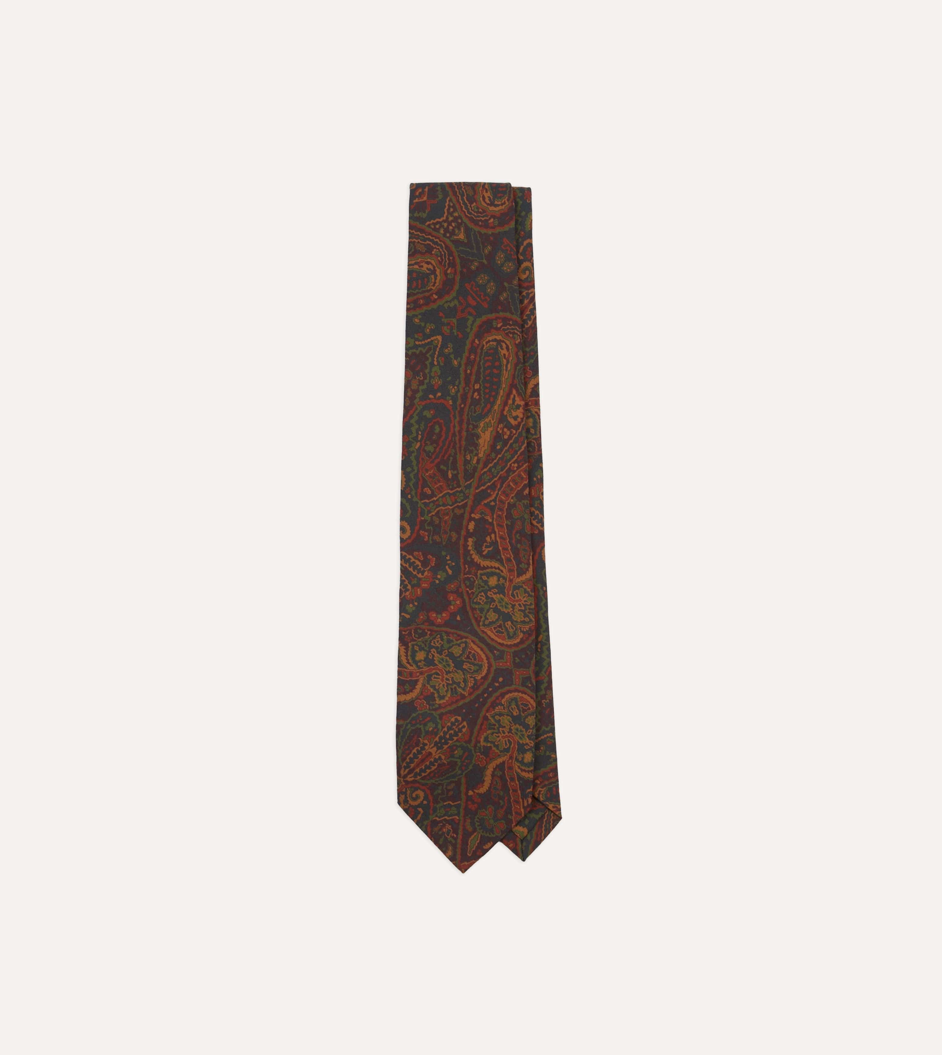 Navy and Burgundy Floral Paisley Print Silk Self Tipped Tie