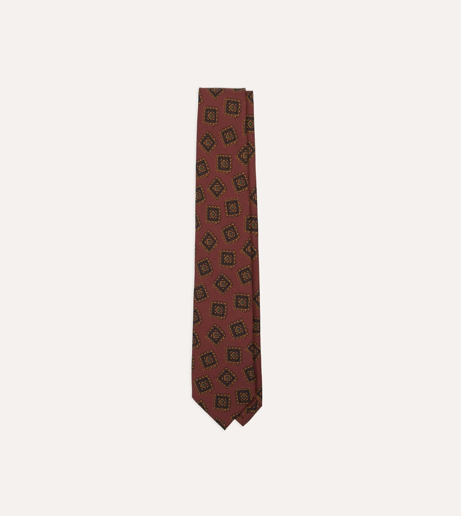 Brown Jumbled Tile Print Wool-Silk Self Tipped Tie