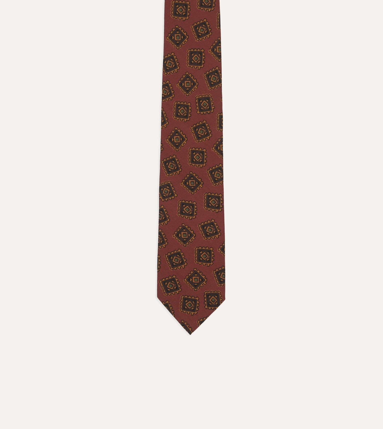 Brown Jumbled Tile Print Wool-Silk Self Tipped Tie