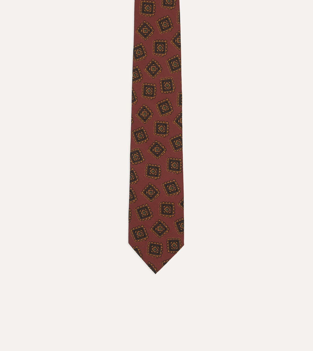 Brown Jumbled Tile Print Wool-Silk Self Tipped Tie – Drakes