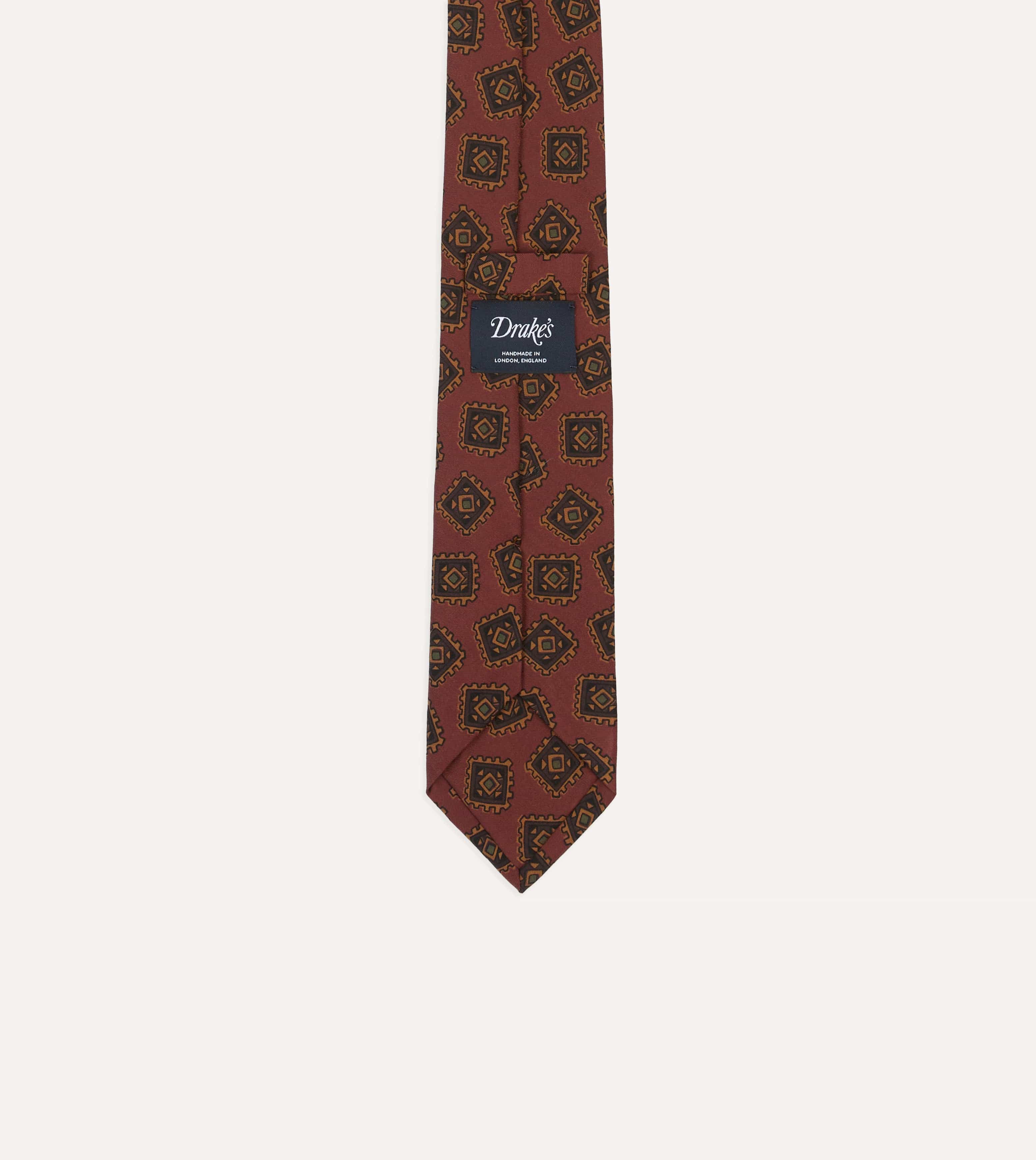 Brown Jumbled Tile Print Wool-Silk Self Tipped Tie
