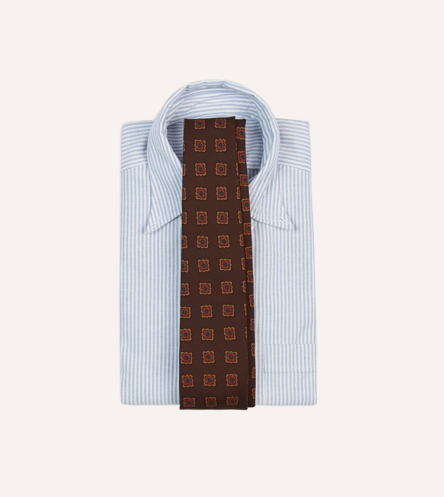 Brown Square Flower Medallion Print Wool-Silk Self Tipped Tie