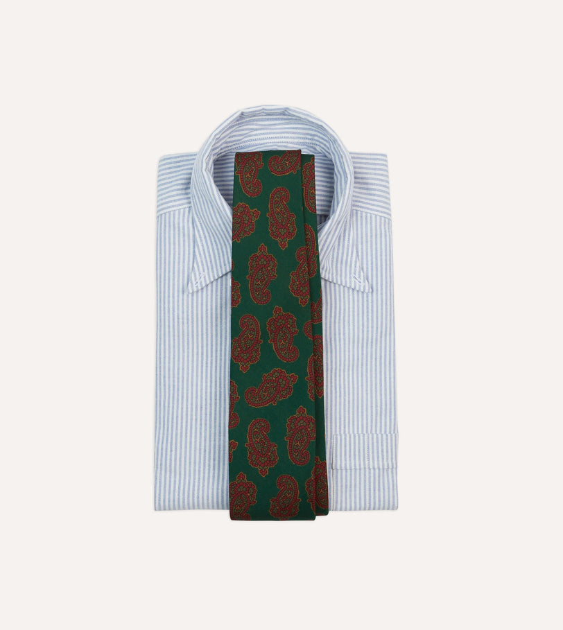 Green Paisley Motif Print Wool-Silk Self Tipped Tie