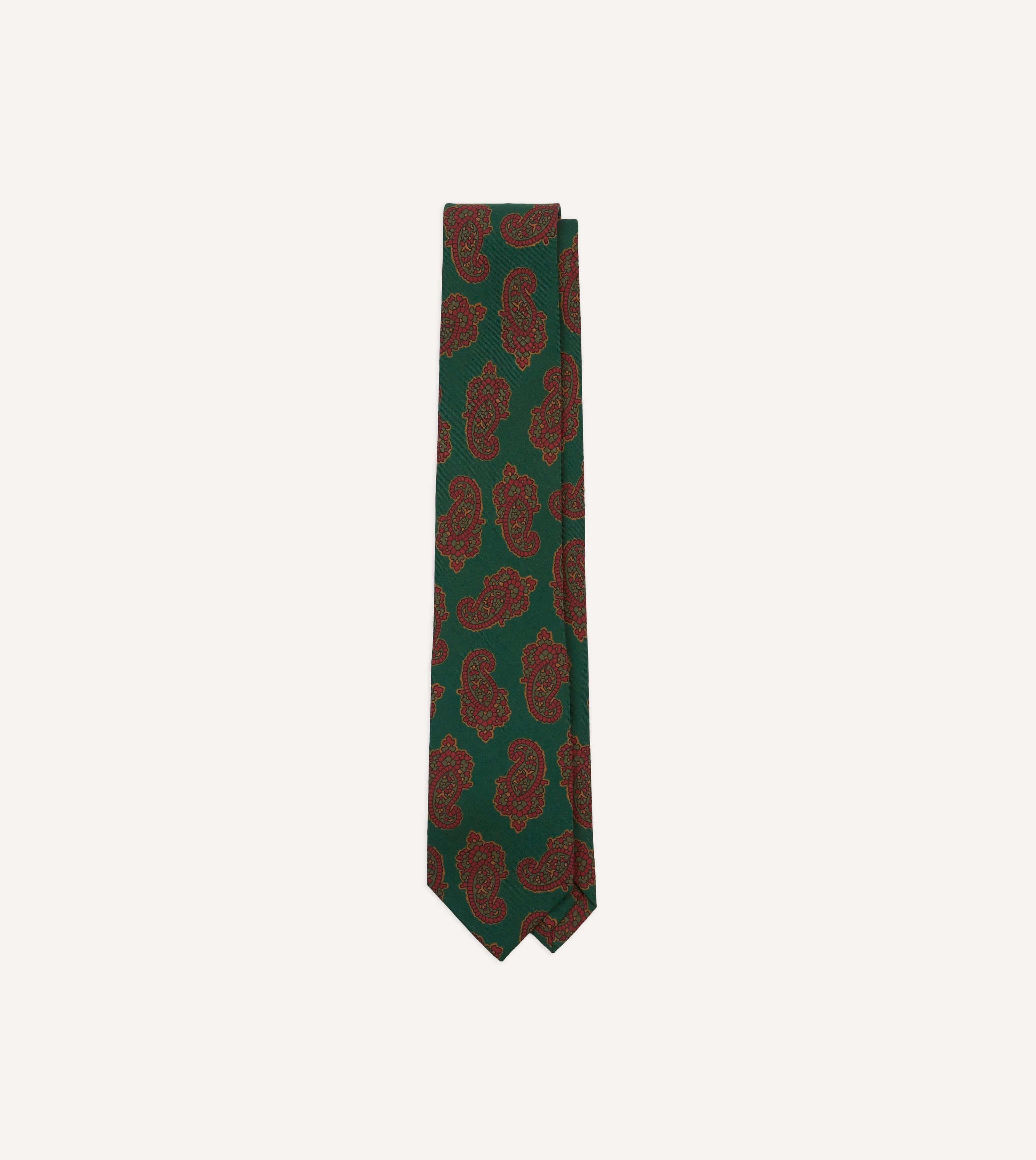 Green Paisley Motif Print Wool-Silk Self Tipped Tie