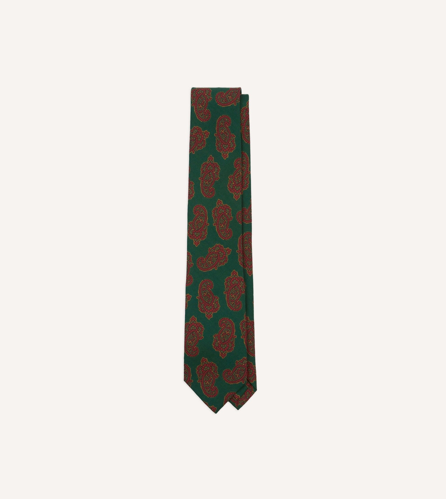 Green Paisley Motif Print Wool-Silk Self Tipped Tie