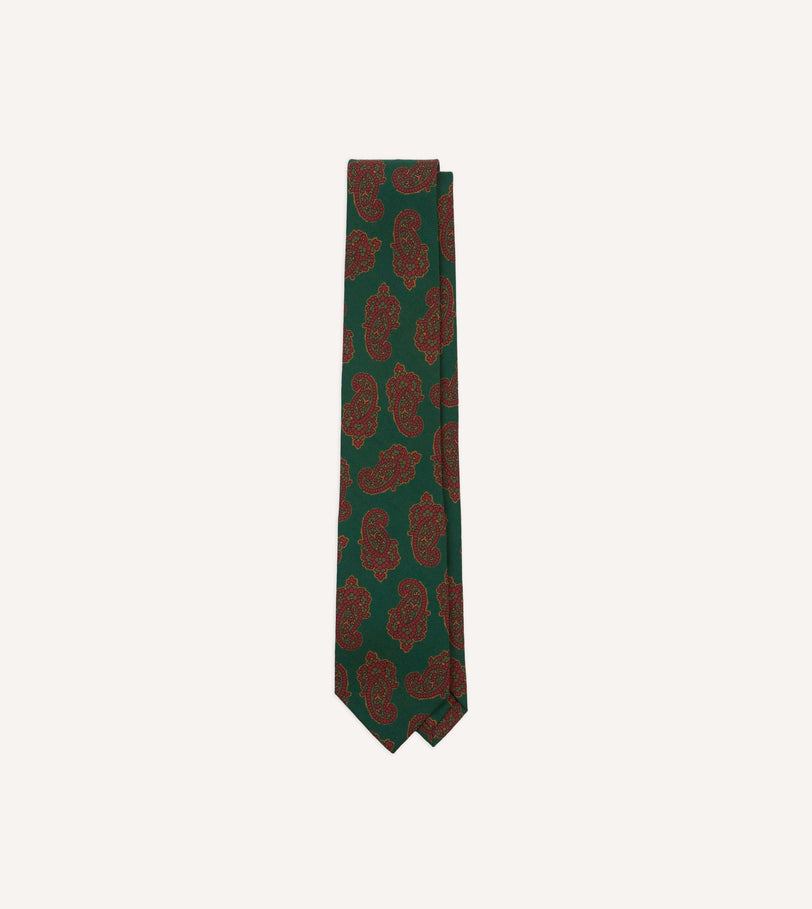 Green Paisley Motif Print Wool-Silk Self Tipped Tie